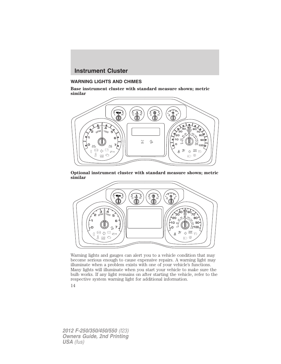 Instrument cluster, Warning lights and chimes | FORD 2012 F-550 v.2 User Manual | Page 14 / 449