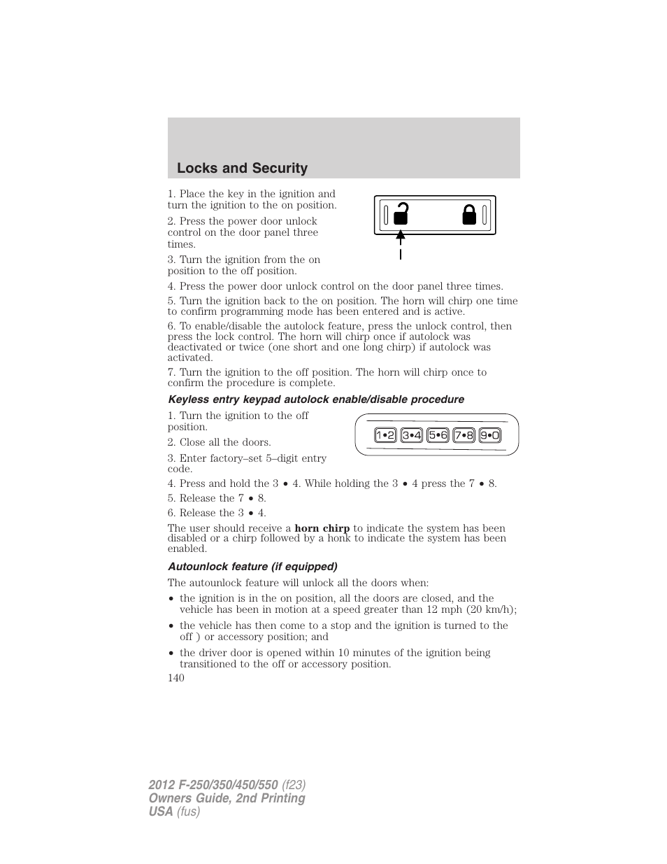 Autounlock feature (if equipped), Locks and security | FORD 2012 F-550 v.2 User Manual | Page 140 / 449