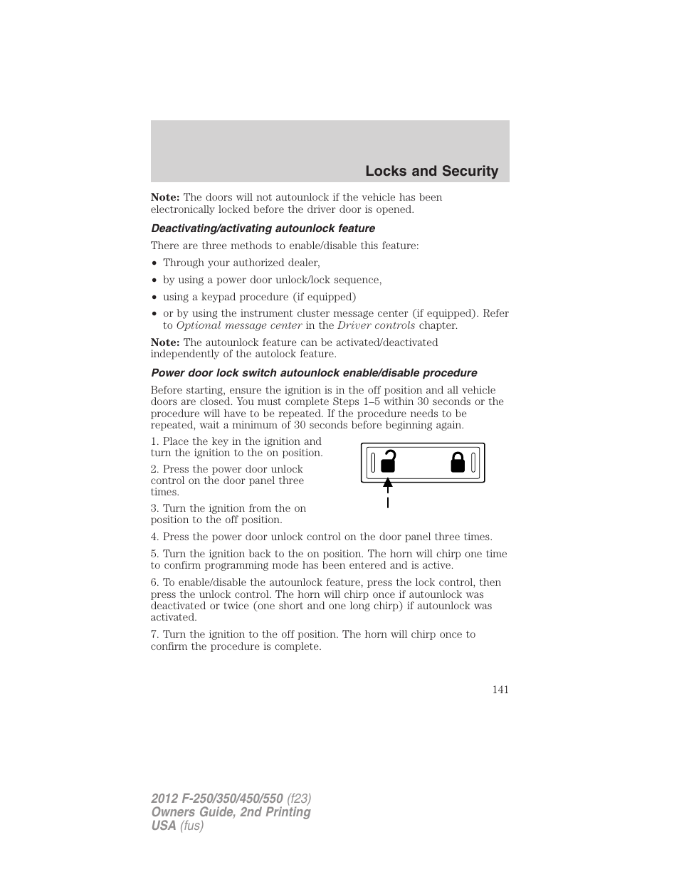 Deactivating/activating autounlock feature, Locks and security | FORD 2012 F-550 v.2 User Manual | Page 141 / 449