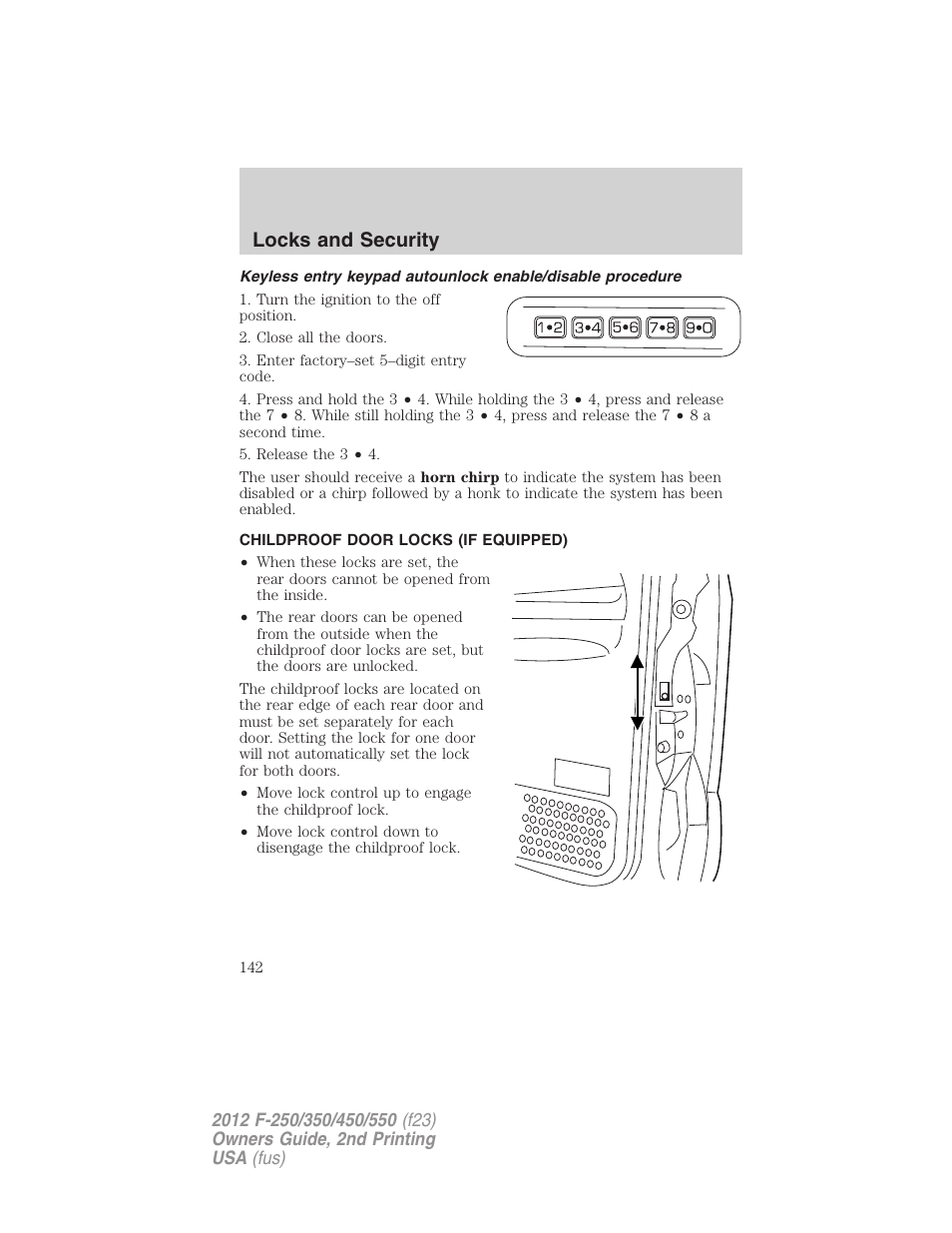 Childproof door locks (if equipped), Locks and security | FORD 2012 F-550 v.2 User Manual | Page 142 / 449