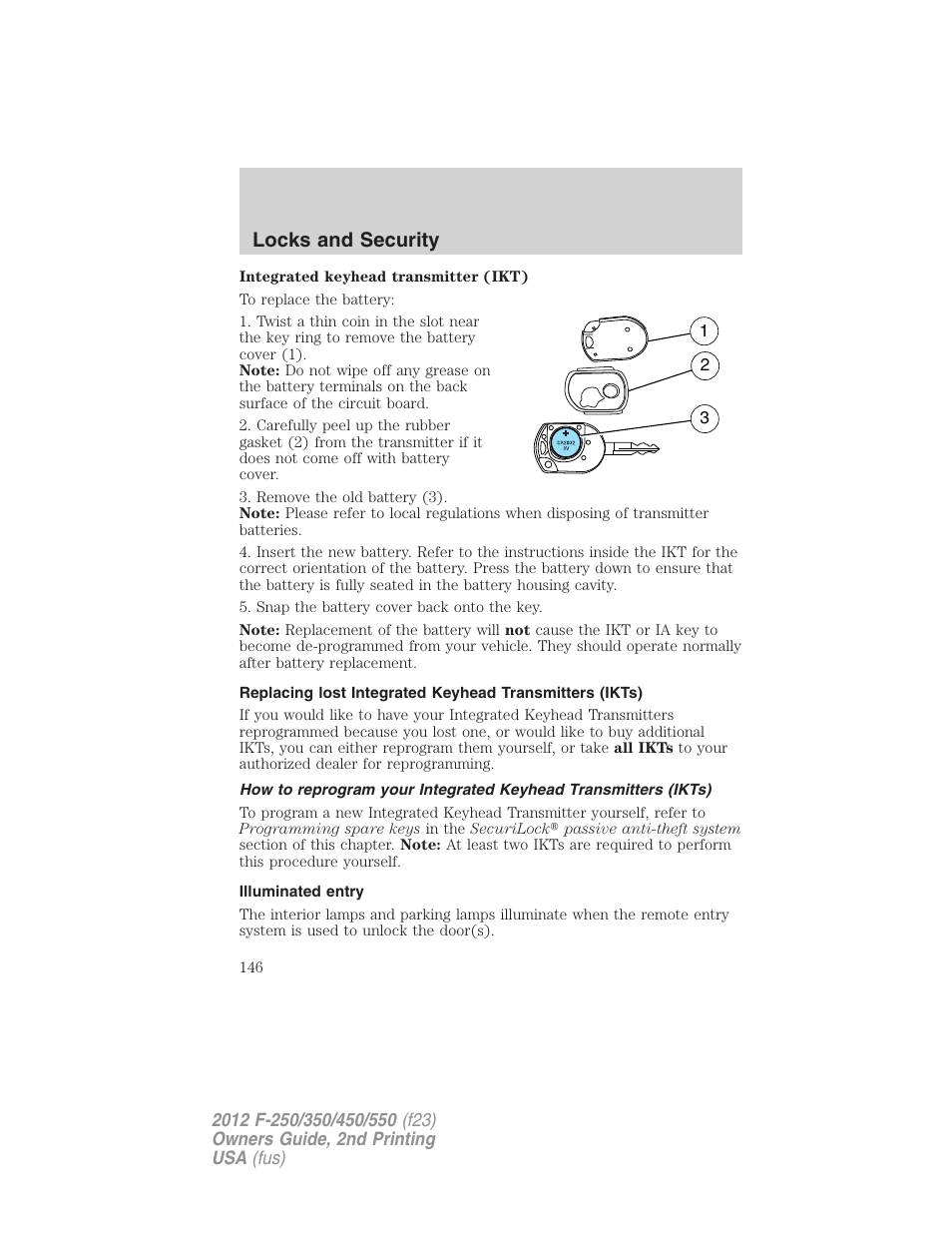 Illuminated entry, Locks and security | FORD 2012 F-550 v.2 User Manual | Page 146 / 449
