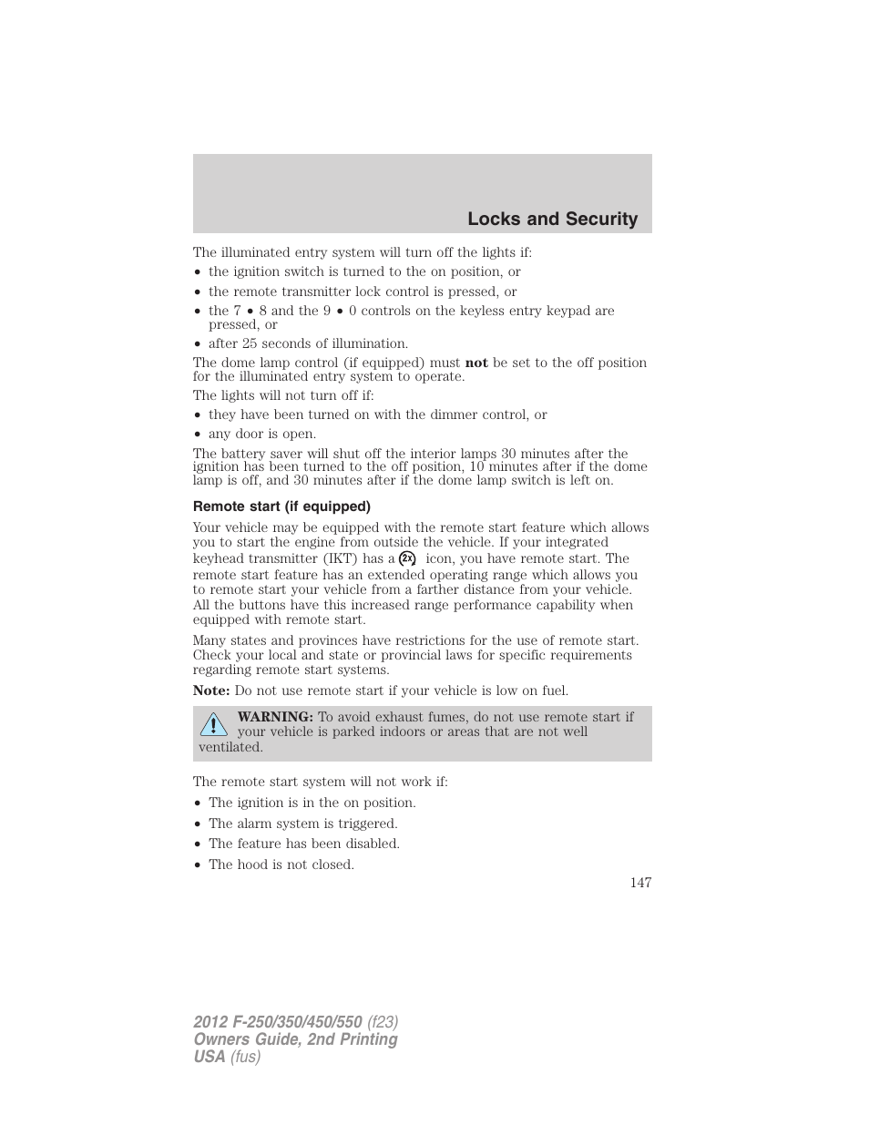 Remote start (if equipped), Locks and security | FORD 2012 F-550 v.2 User Manual | Page 147 / 449