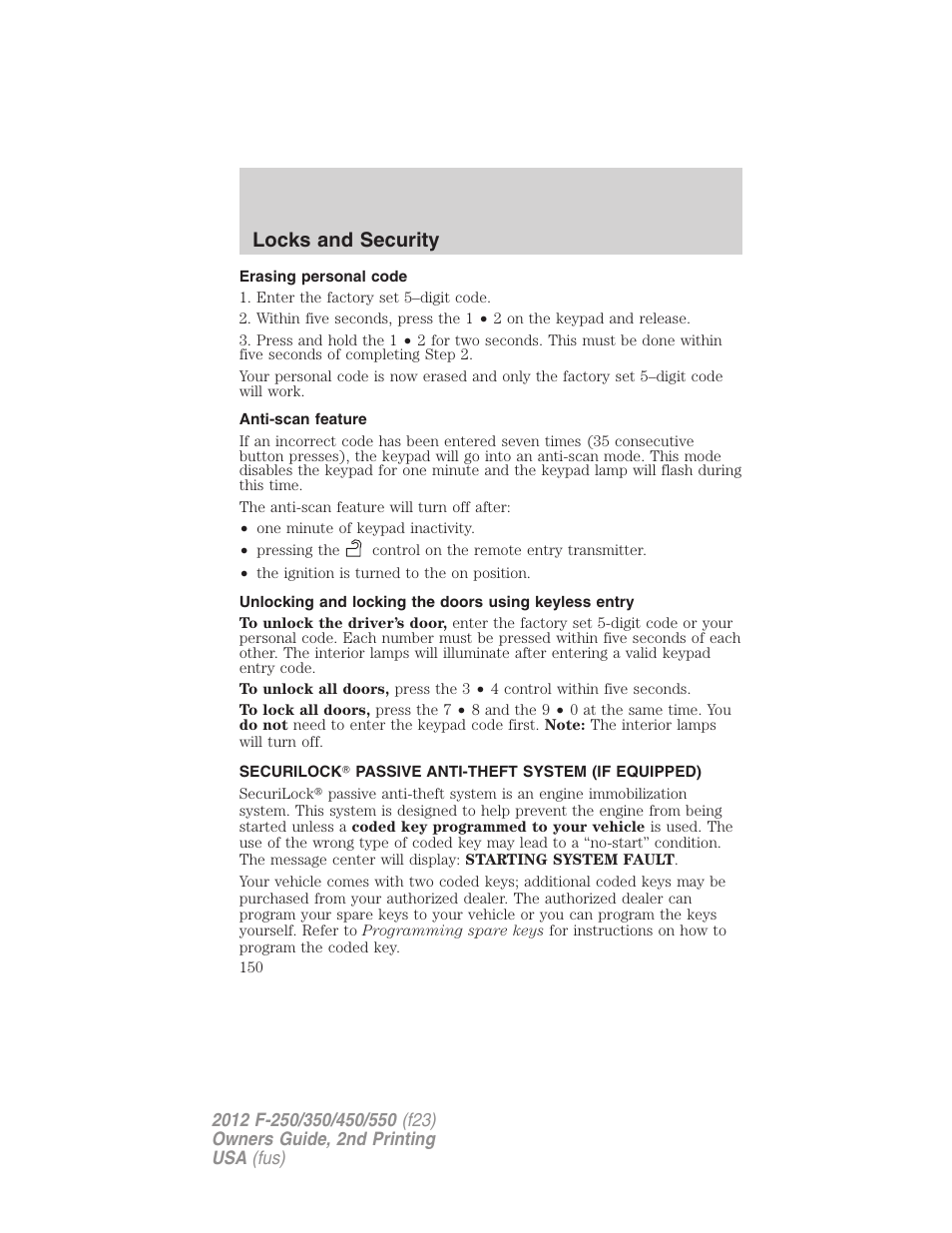 Erasing personal code, Anti-scan feature, Anti-theft system | Locks and security | FORD 2012 F-550 v.2 User Manual | Page 150 / 449