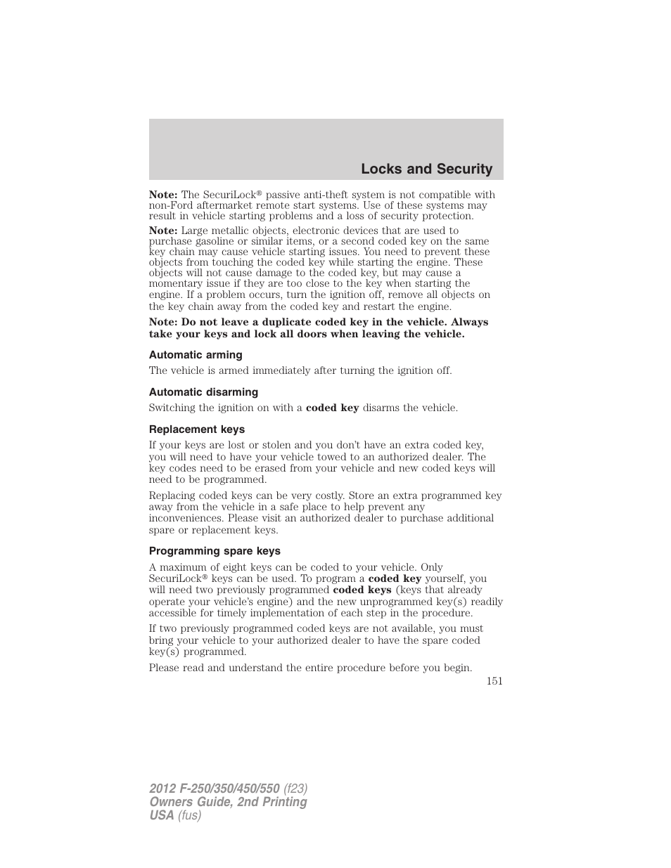 Automatic arming, Automatic disarming, Replacement keys | Programming spare keys, Locks and security | FORD 2012 F-550 v.2 User Manual | Page 151 / 449