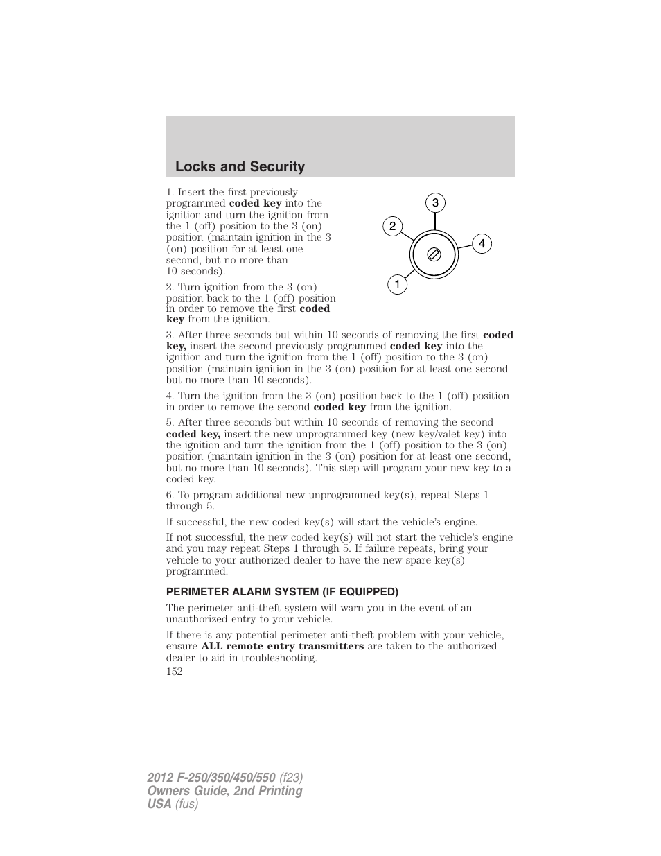 Perimeter alarm system (if equipped), Locks and security | FORD 2012 F-550 v.2 User Manual | Page 152 / 449