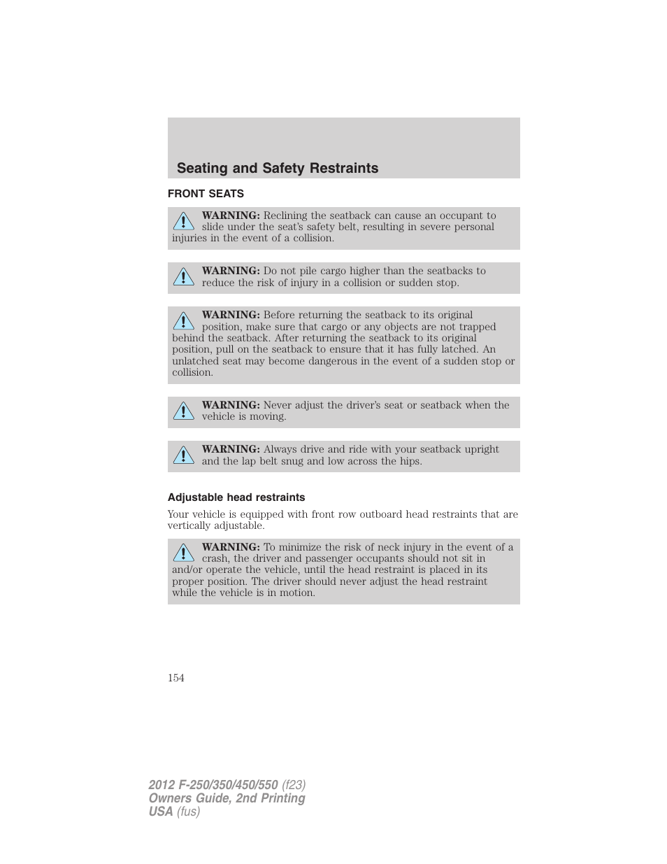 Seating and safety restraints, Front seats, Adjustable head restraints | Seating | FORD 2012 F-550 v.2 User Manual | Page 154 / 449