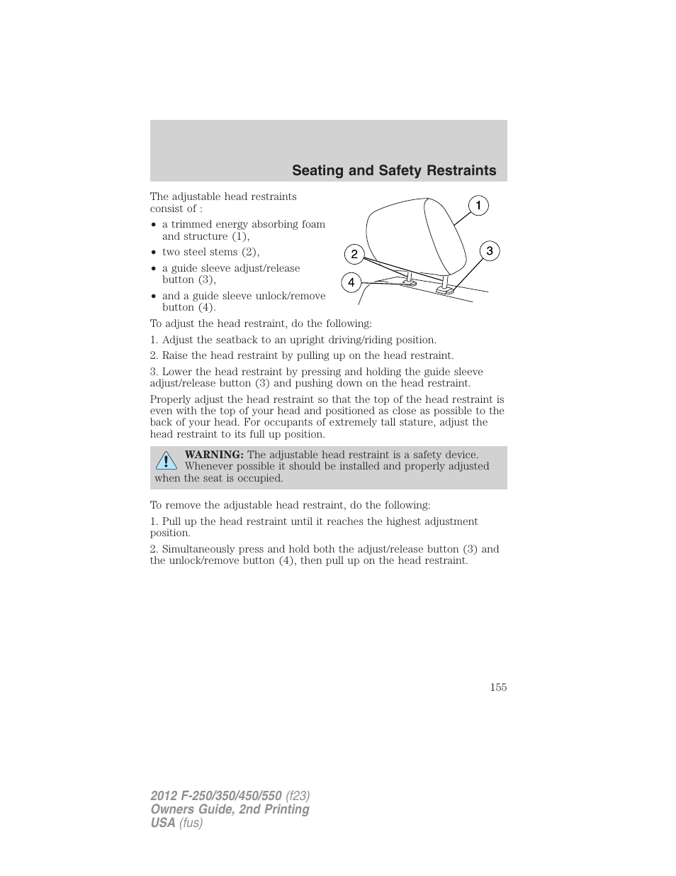 Seating and safety restraints | FORD 2012 F-550 v.2 User Manual | Page 155 / 449