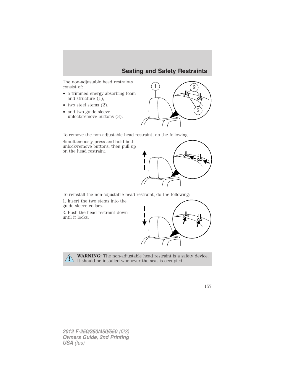 Seating and safety restraints | FORD 2012 F-550 v.2 User Manual | Page 157 / 449