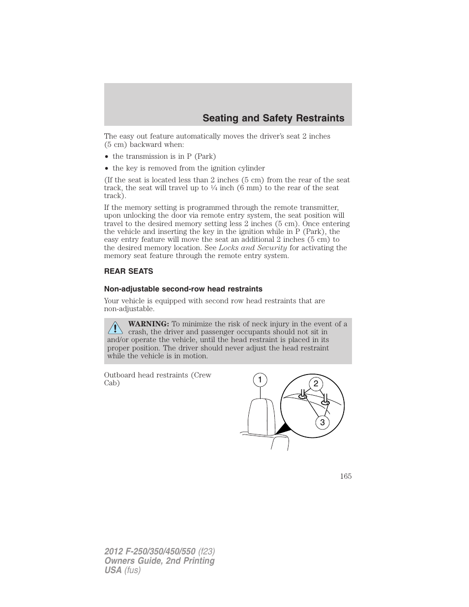 Rear seats, Non-adjustable second-row head restraints, Seating and safety restraints | FORD 2012 F-550 v.2 User Manual | Page 165 / 449