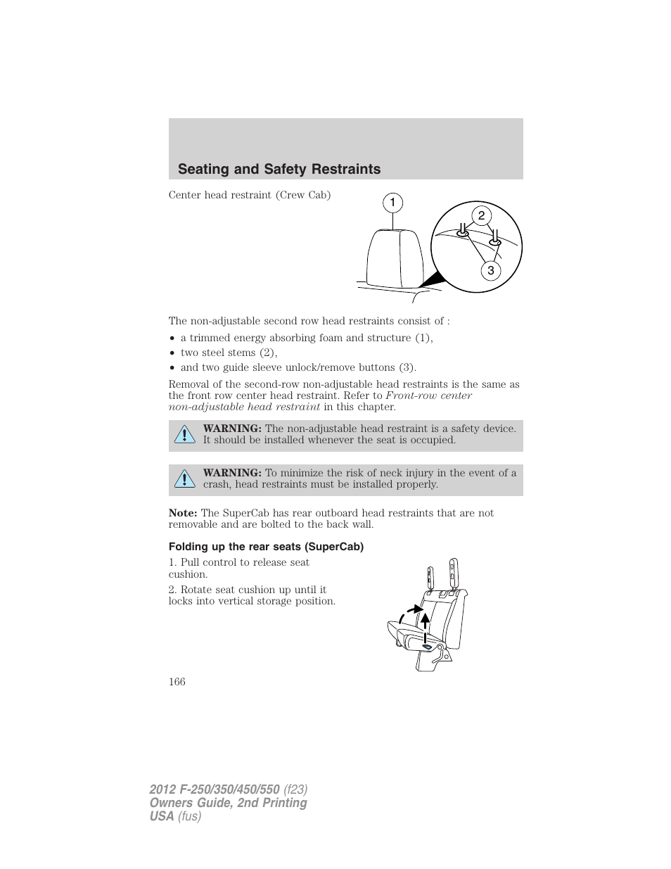 Folding up the rear seats (supercab), Seating and safety restraints | FORD 2012 F-550 v.2 User Manual | Page 166 / 449