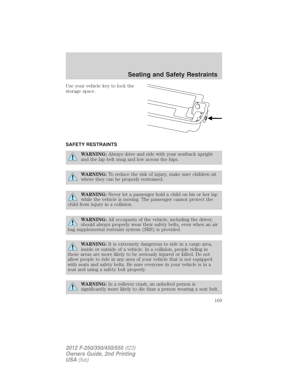 Safety restraints, Seating and safety restraints | FORD 2012 F-550 v.2 User Manual | Page 169 / 449