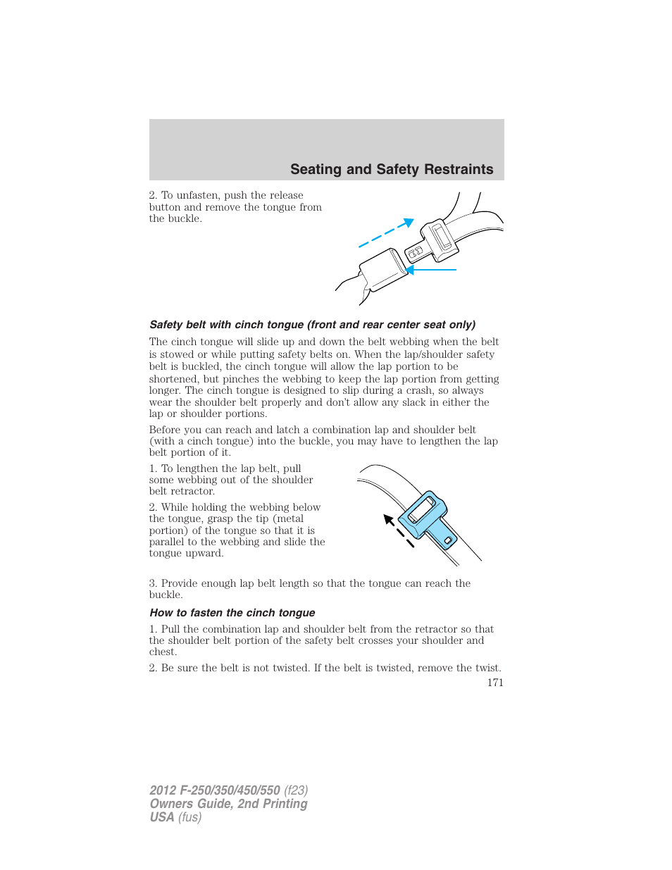 How to fasten the cinch tongue, Seating and safety restraints | FORD 2012 F-550 v.2 User Manual | Page 171 / 449