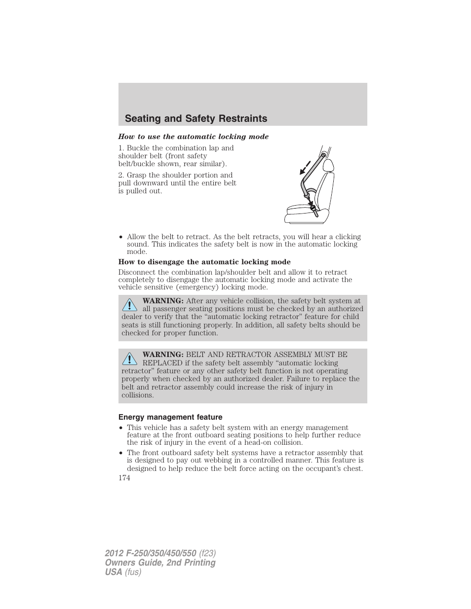 Energy management feature, Seating and safety restraints | FORD 2012 F-550 v.2 User Manual | Page 174 / 449