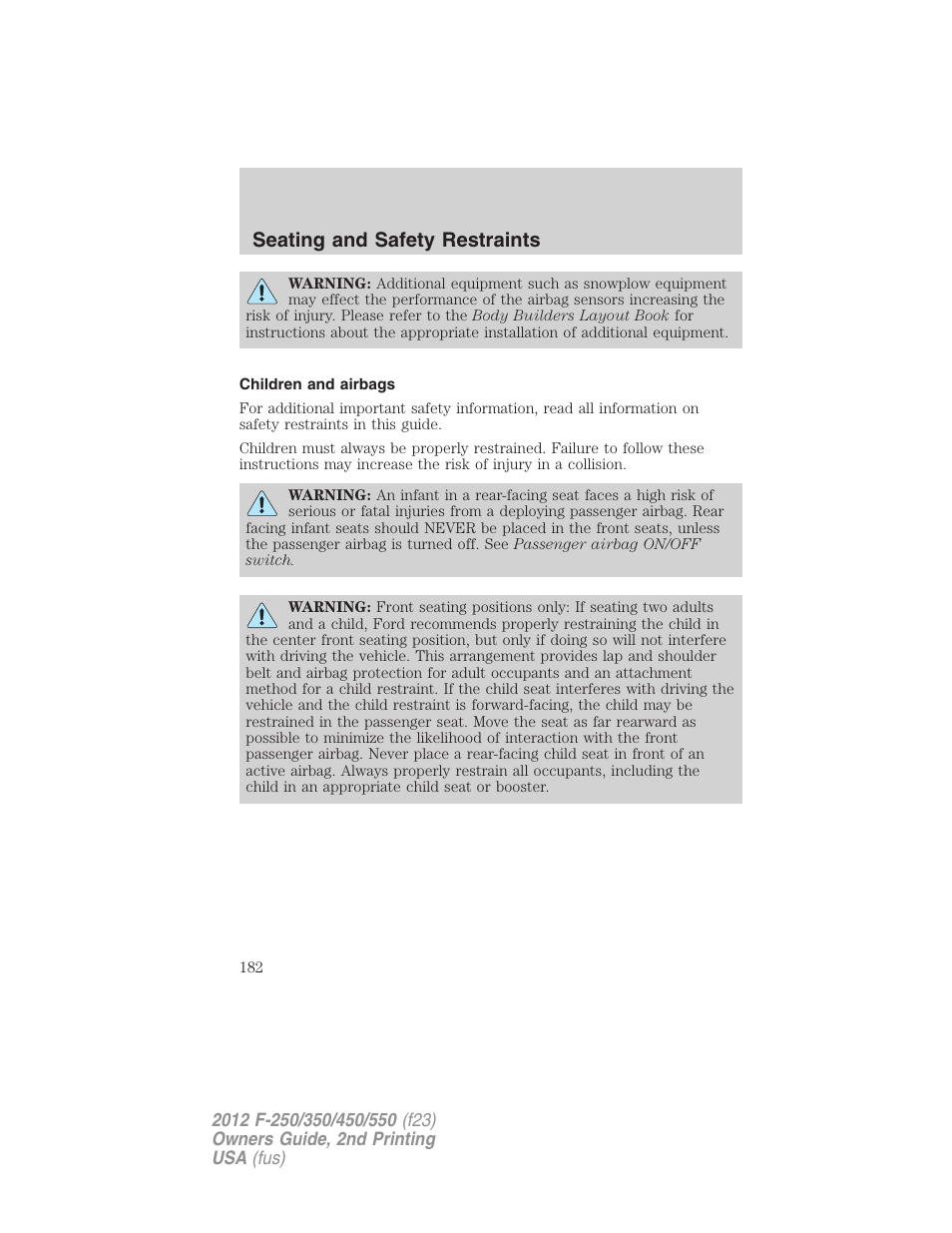 Children and airbags, Seating and safety restraints | FORD 2012 F-550 v.2 User Manual | Page 182 / 449