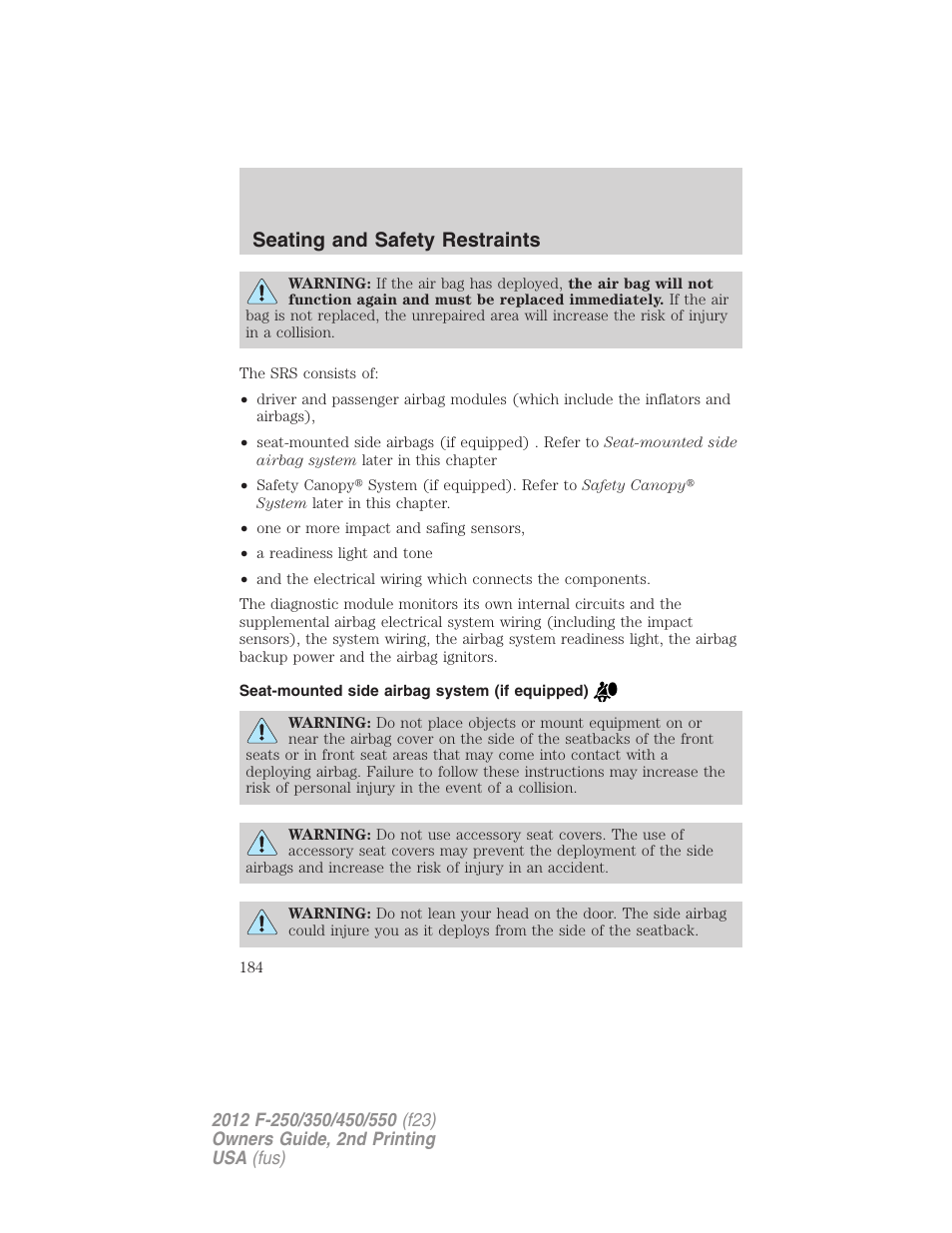 Seat-mounted side airbag system (if equipped), Seating and safety restraints | FORD 2012 F-550 v.2 User Manual | Page 184 / 449