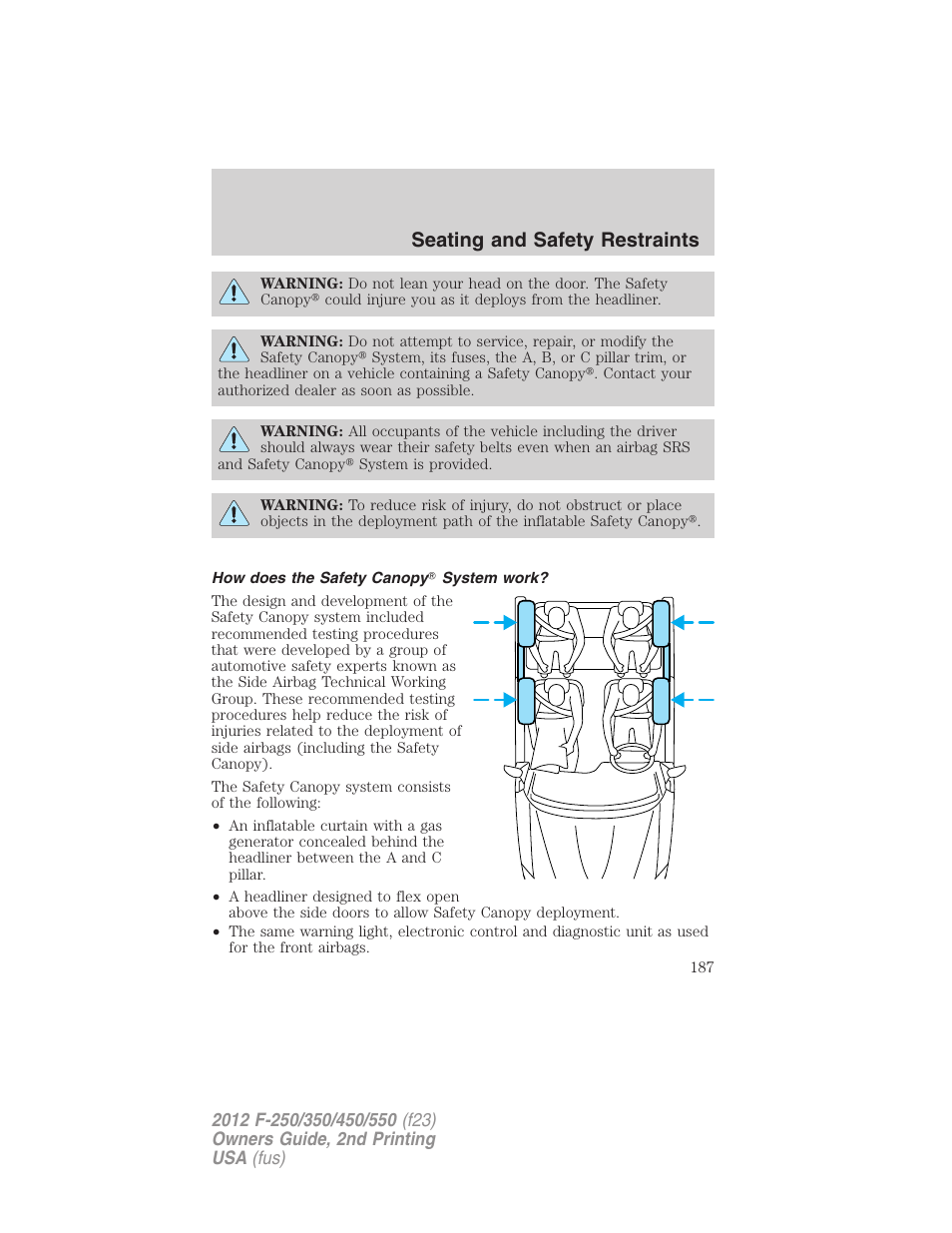 How does the safety canopy? system work, Seating and safety restraints | FORD 2012 F-550 v.2 User Manual | Page 187 / 449