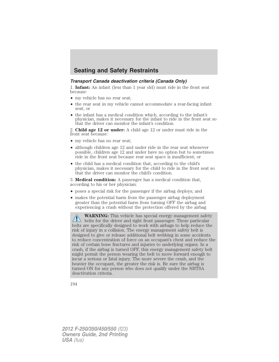 Seating and safety restraints | FORD 2012 F-550 v.2 User Manual | Page 194 / 449