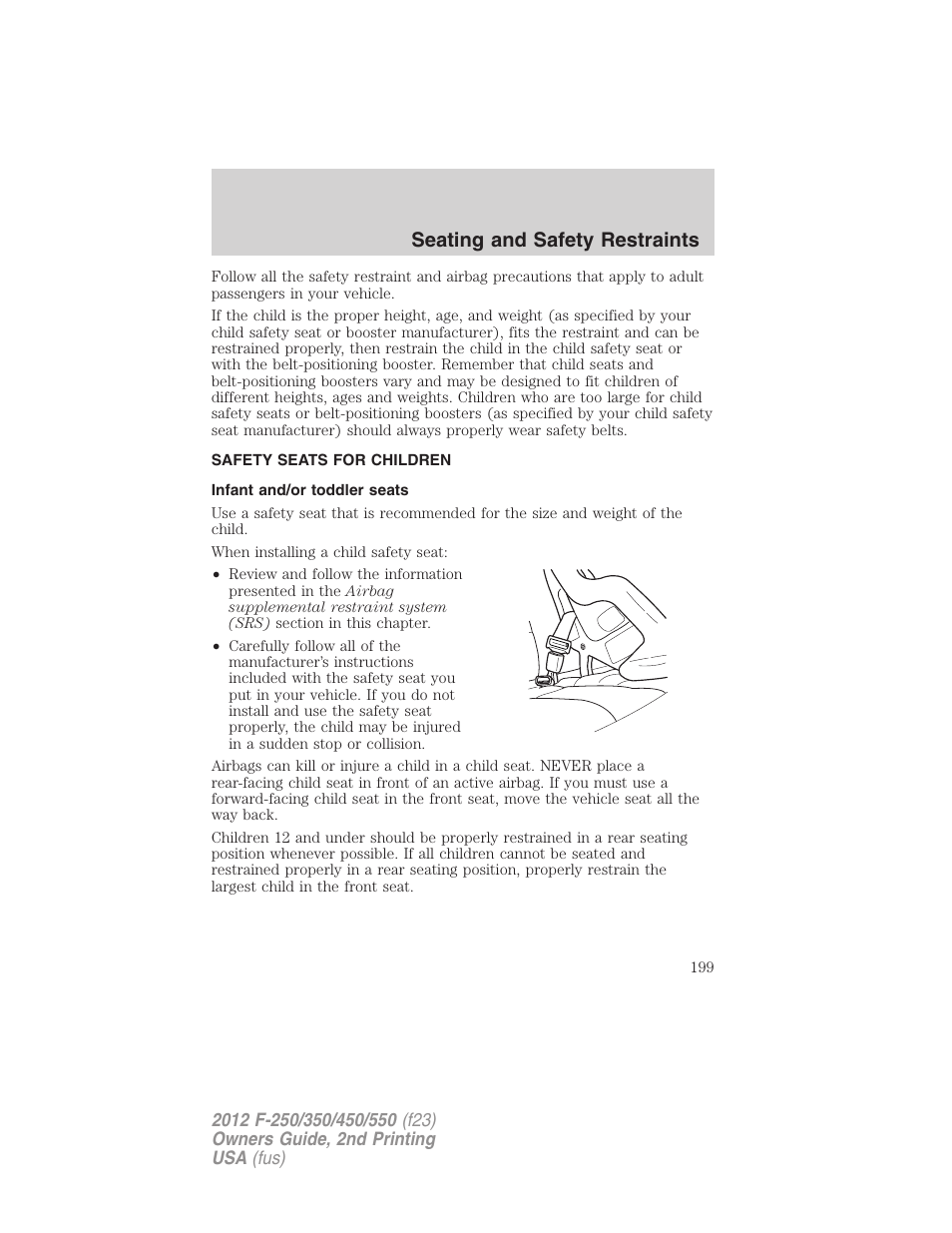 Safety seats for children, Infant and/or toddler seats, Seating and safety restraints | FORD 2012 F-550 v.2 User Manual | Page 199 / 449