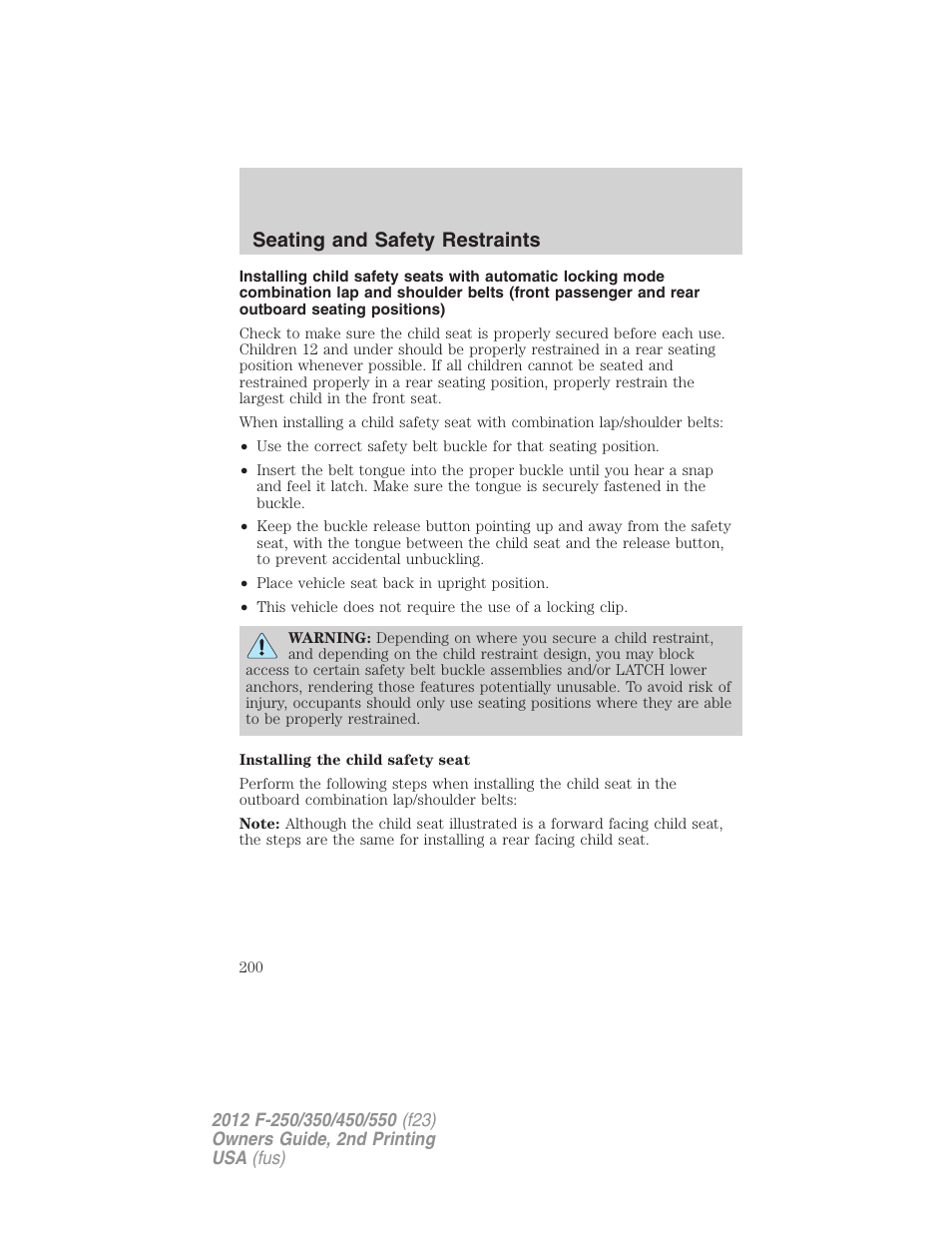 Seating and safety restraints | FORD 2012 F-550 v.2 User Manual | Page 200 / 449