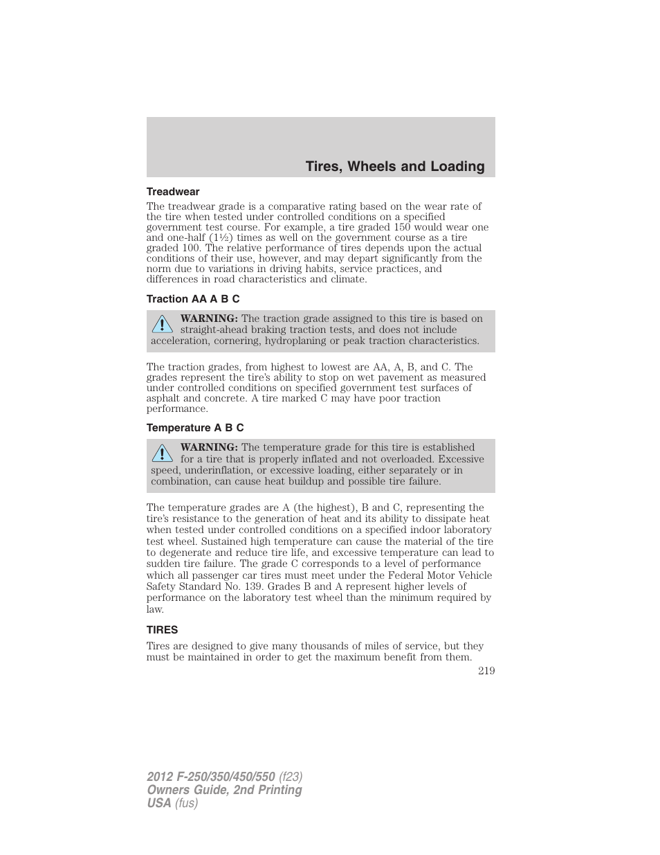 Treadwear, Traction aa a b c, Temperature a b c | Tires, Tires, wheels and loading | FORD 2012 F-550 v.2 User Manual | Page 219 / 449