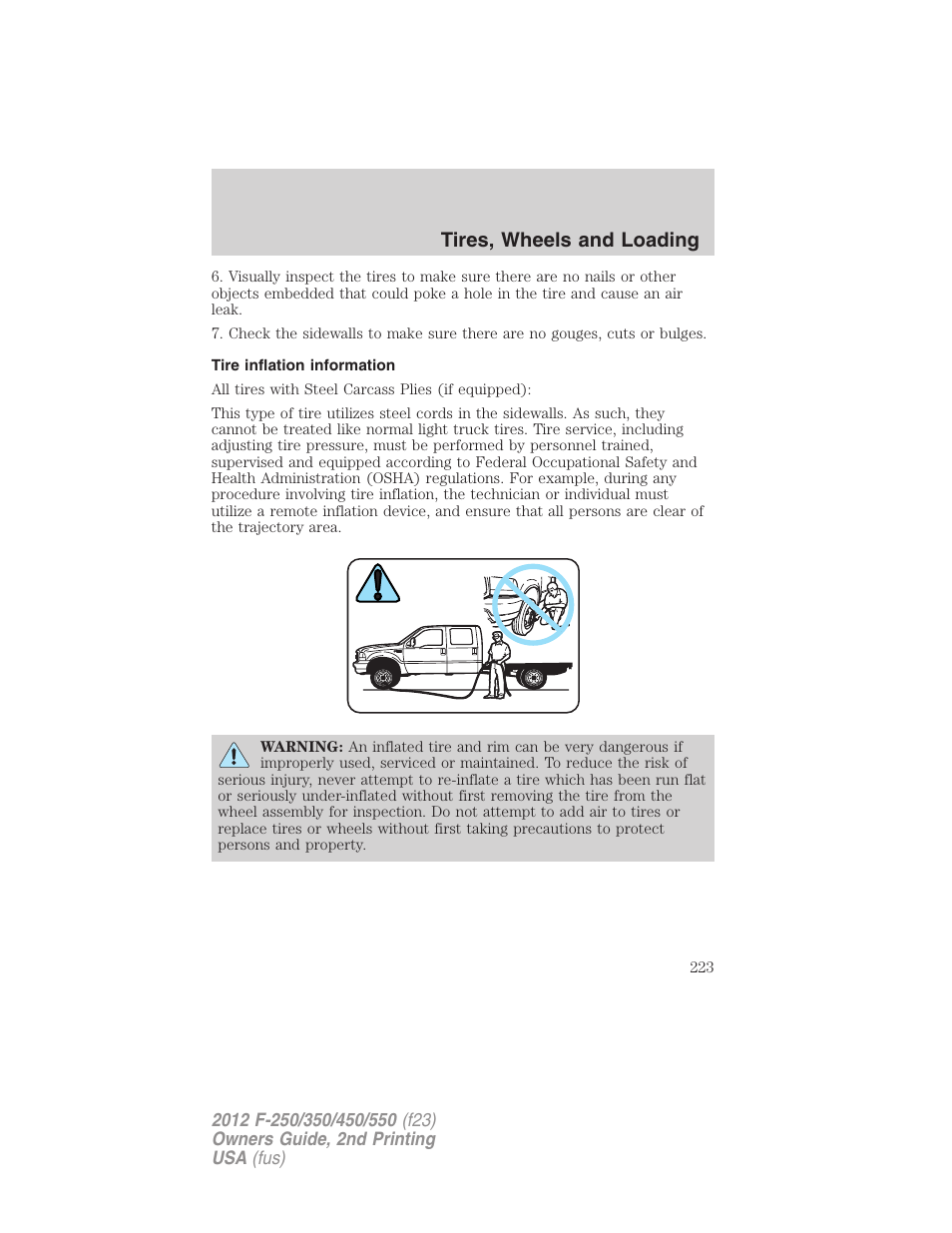 Tire inflation information, Tires, wheels and loading | FORD 2012 F-550 v.2 User Manual | Page 223 / 449