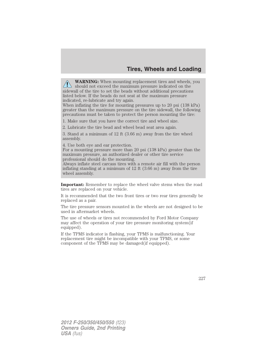 Tires, wheels and loading | FORD 2012 F-550 v.2 User Manual | Page 227 / 449