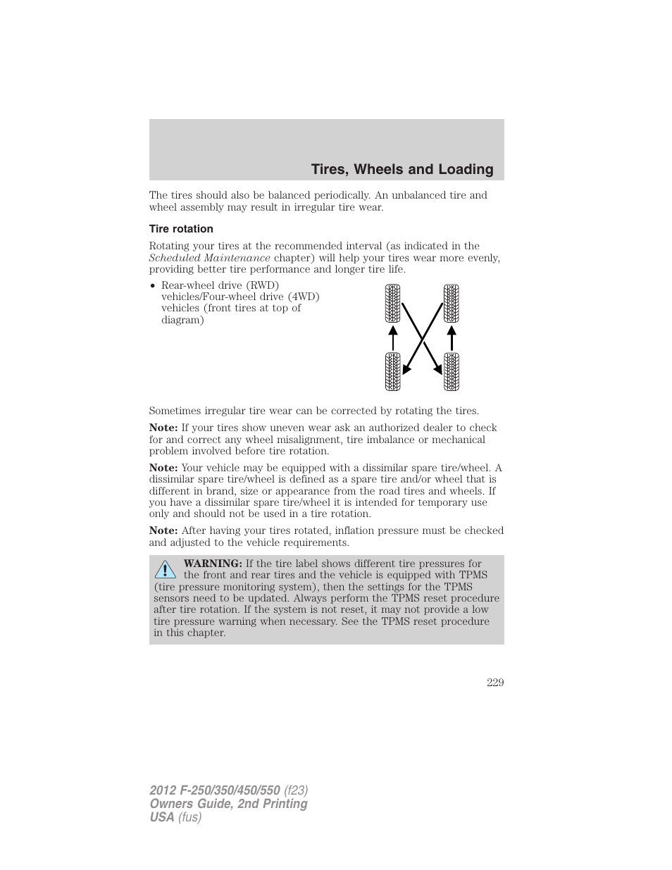 Tire rotation, Tires, wheels and loading | FORD 2012 F-550 v.2 User Manual | Page 229 / 449