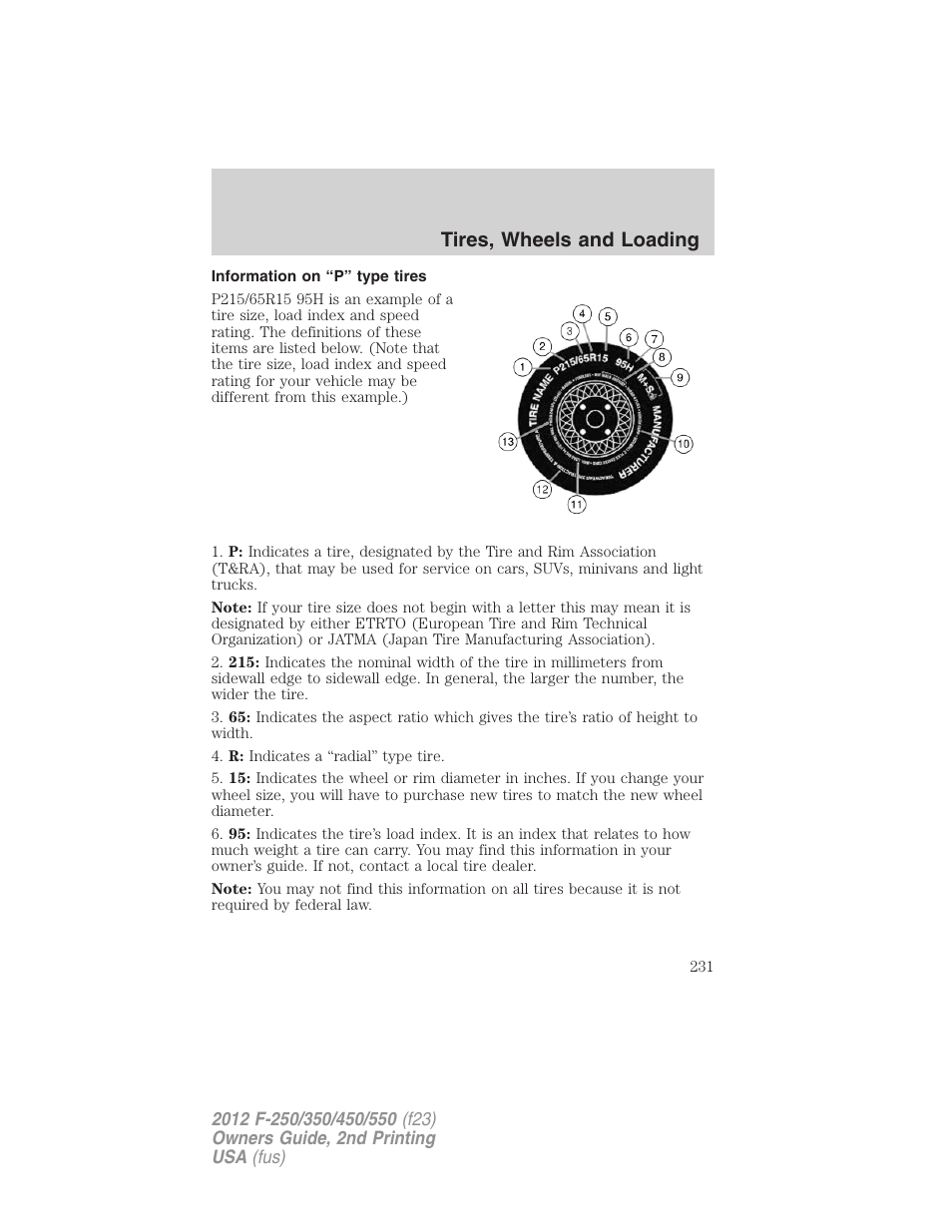 Information on “p” type tires, Tires, wheels and loading | FORD 2012 F-550 v.2 User Manual | Page 231 / 449