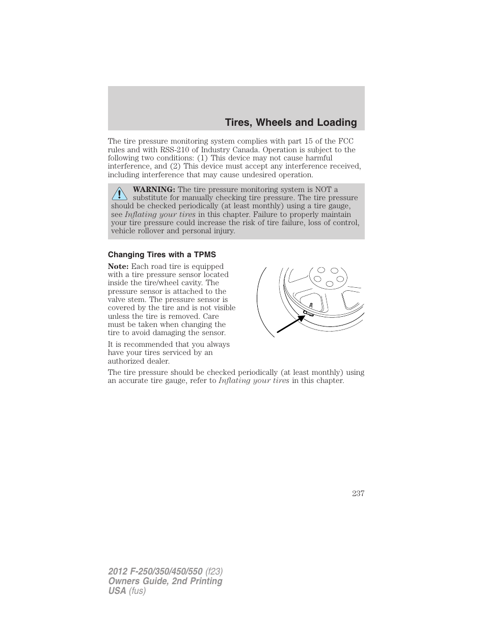 Changing tires with a tpms, Tires, wheels and loading | FORD 2012 F-550 v.2 User Manual | Page 237 / 449