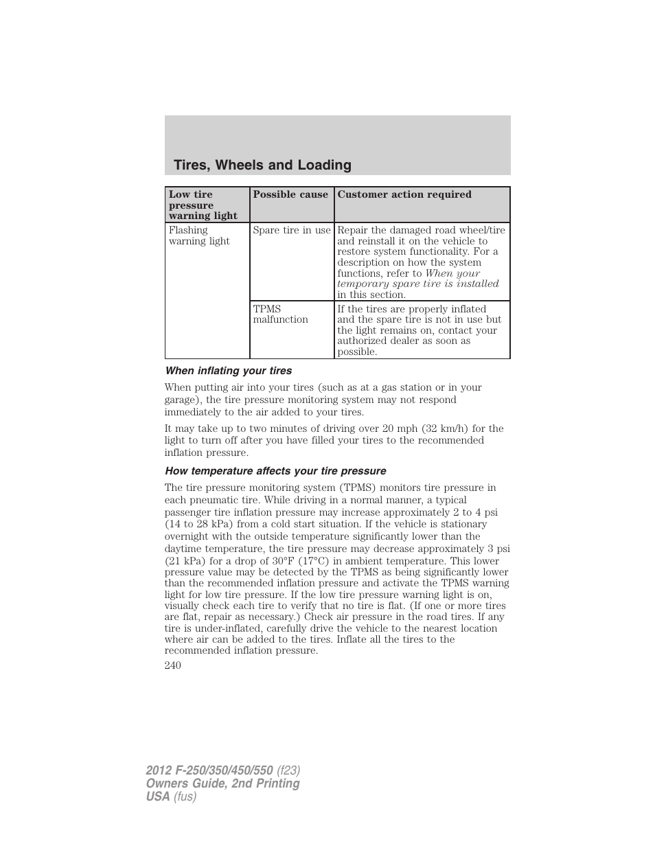 When inflating your tires, How temperature affects your tire pressure, Tires, wheels and loading | FORD 2012 F-550 v.2 User Manual | Page 240 / 449