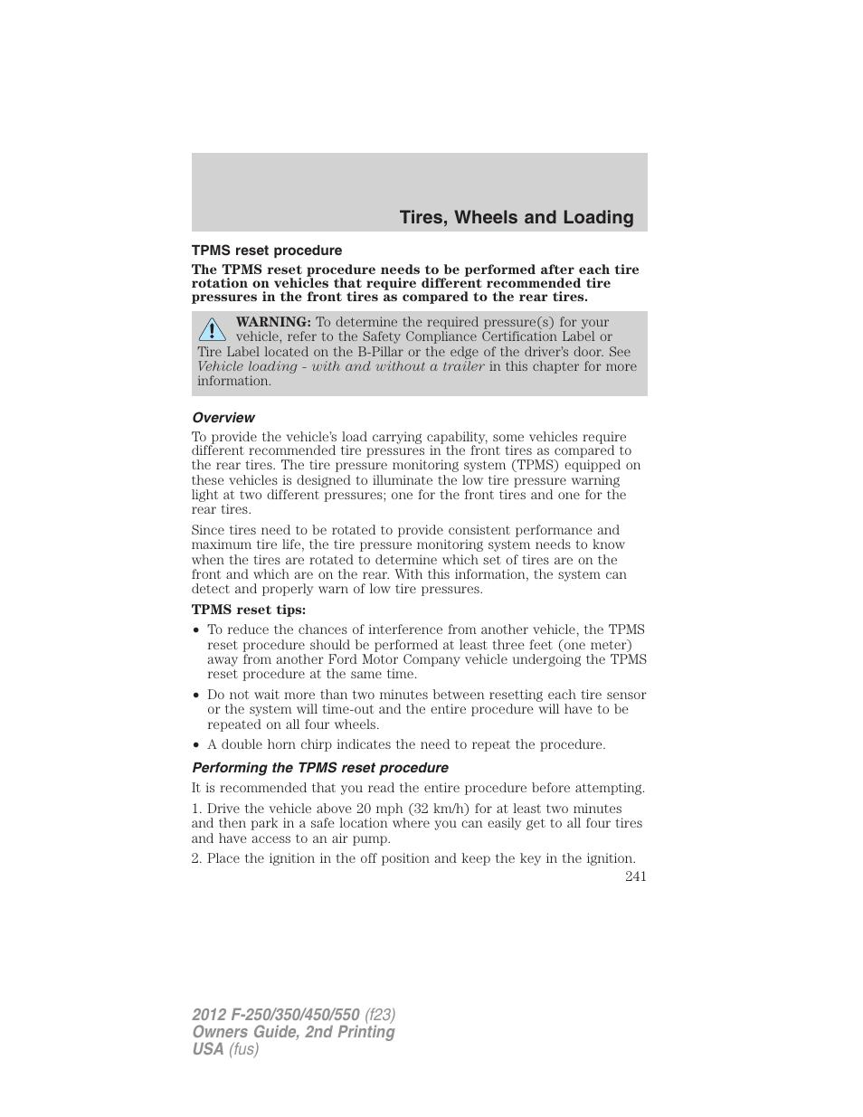 Tpms reset procedure, Overview, Performing the tpms reset procedure | Tires, wheels and loading | FORD 2012 F-550 v.2 User Manual | Page 241 / 449