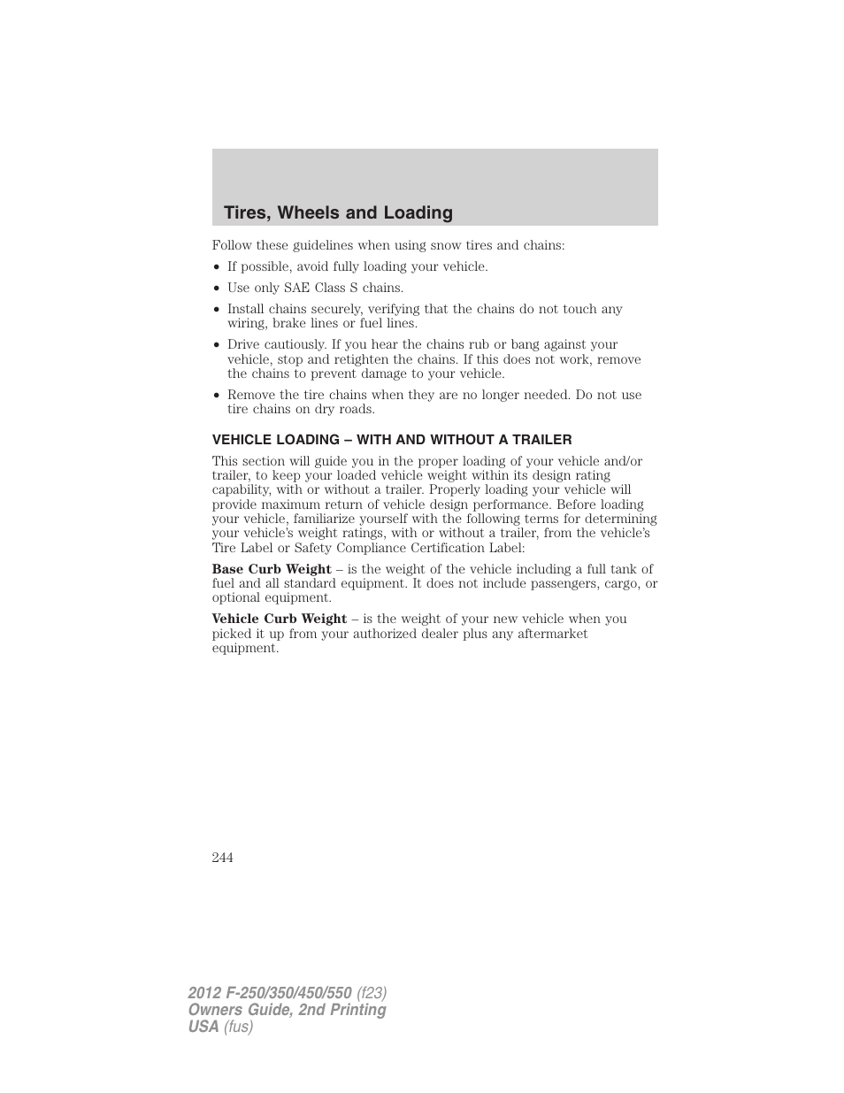 Vehicle loading – with and without a trailer, Vehicle loading, Tires, wheels and loading | FORD 2012 F-550 v.2 User Manual | Page 244 / 449