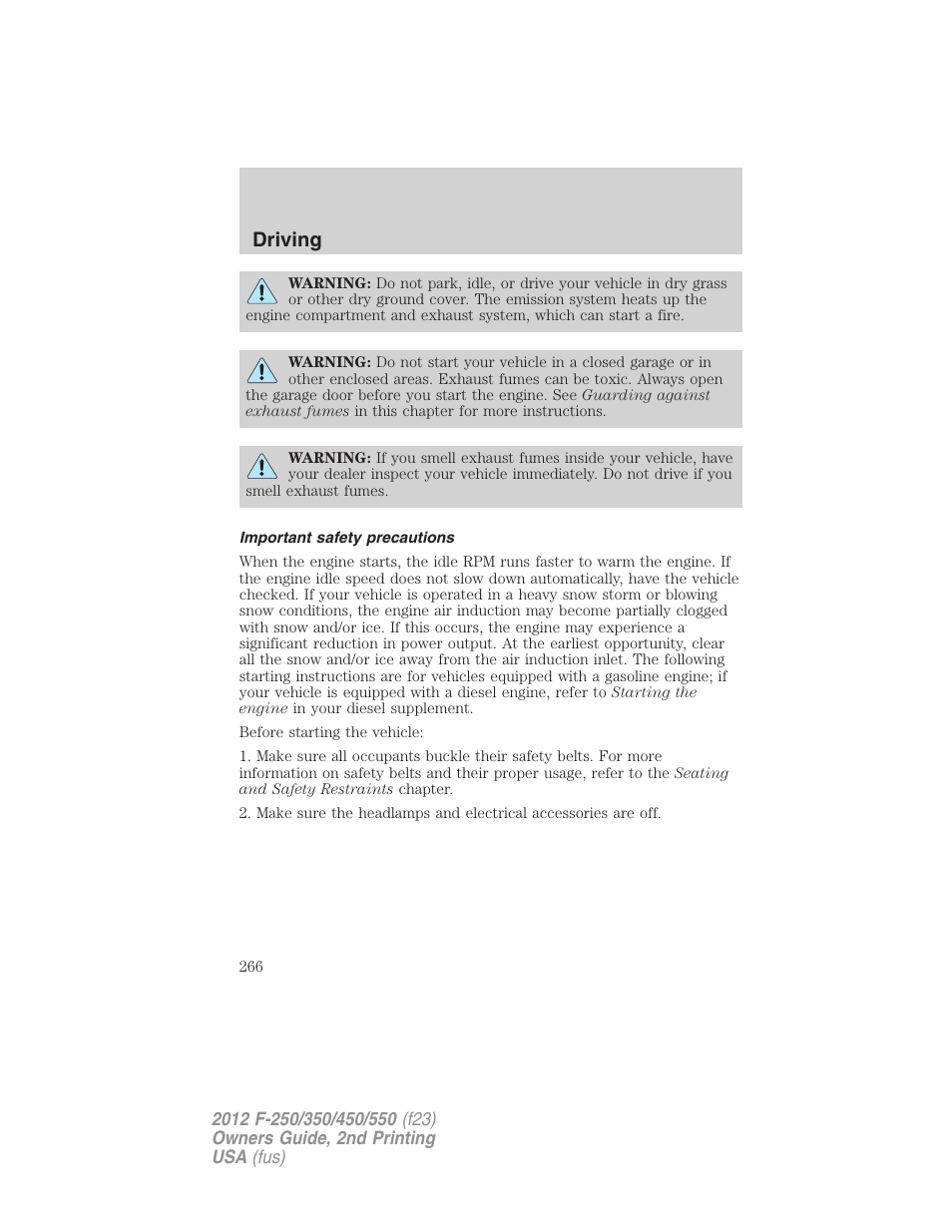 Important safety precautions, Driving | FORD 2012 F-550 v.2 User Manual | Page 266 / 449