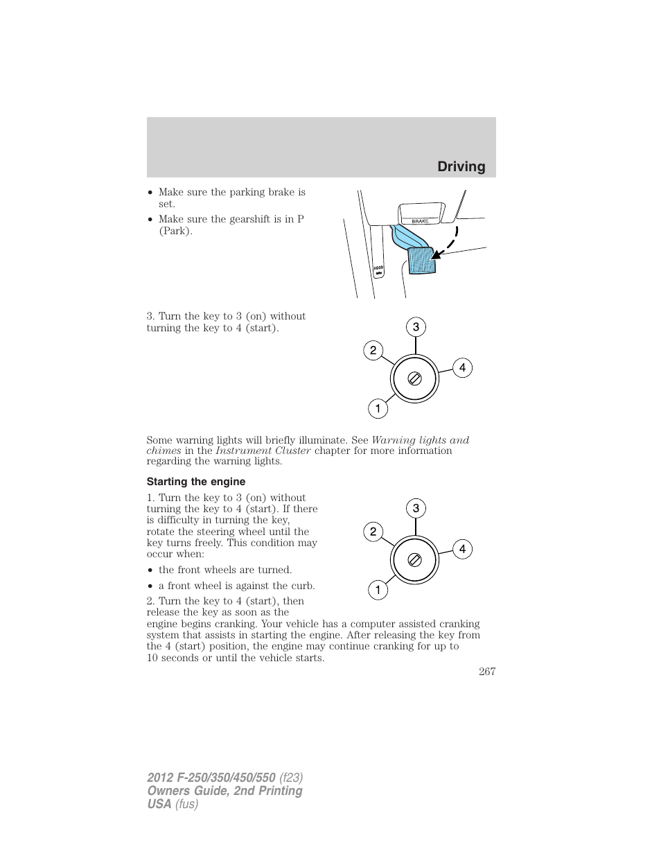 Starting the engine, Driving | FORD 2012 F-550 v.2 User Manual | Page 267 / 449