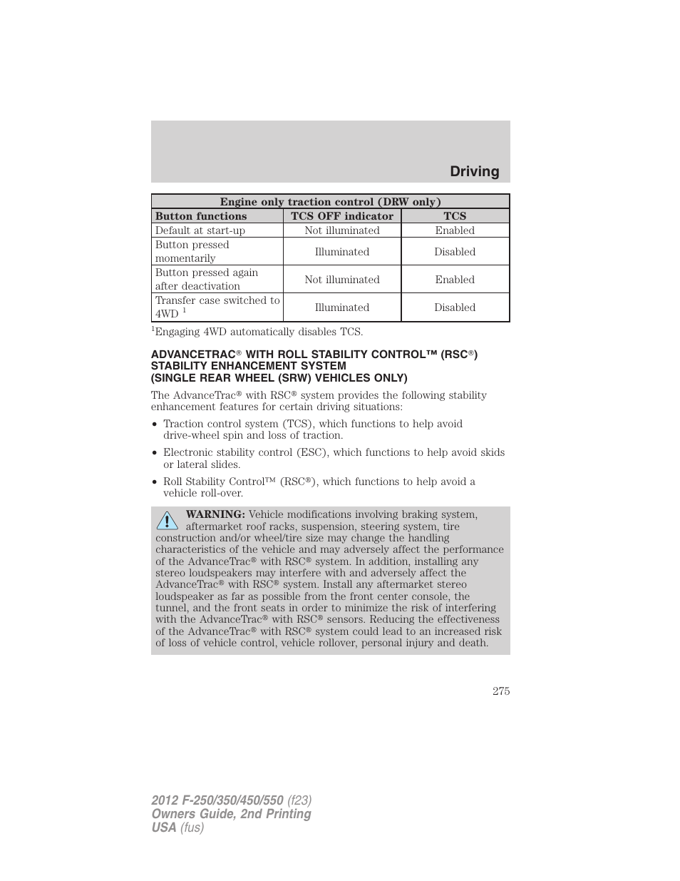 Advancetrac, Driving | FORD 2012 F-550 v.2 User Manual | Page 275 / 449