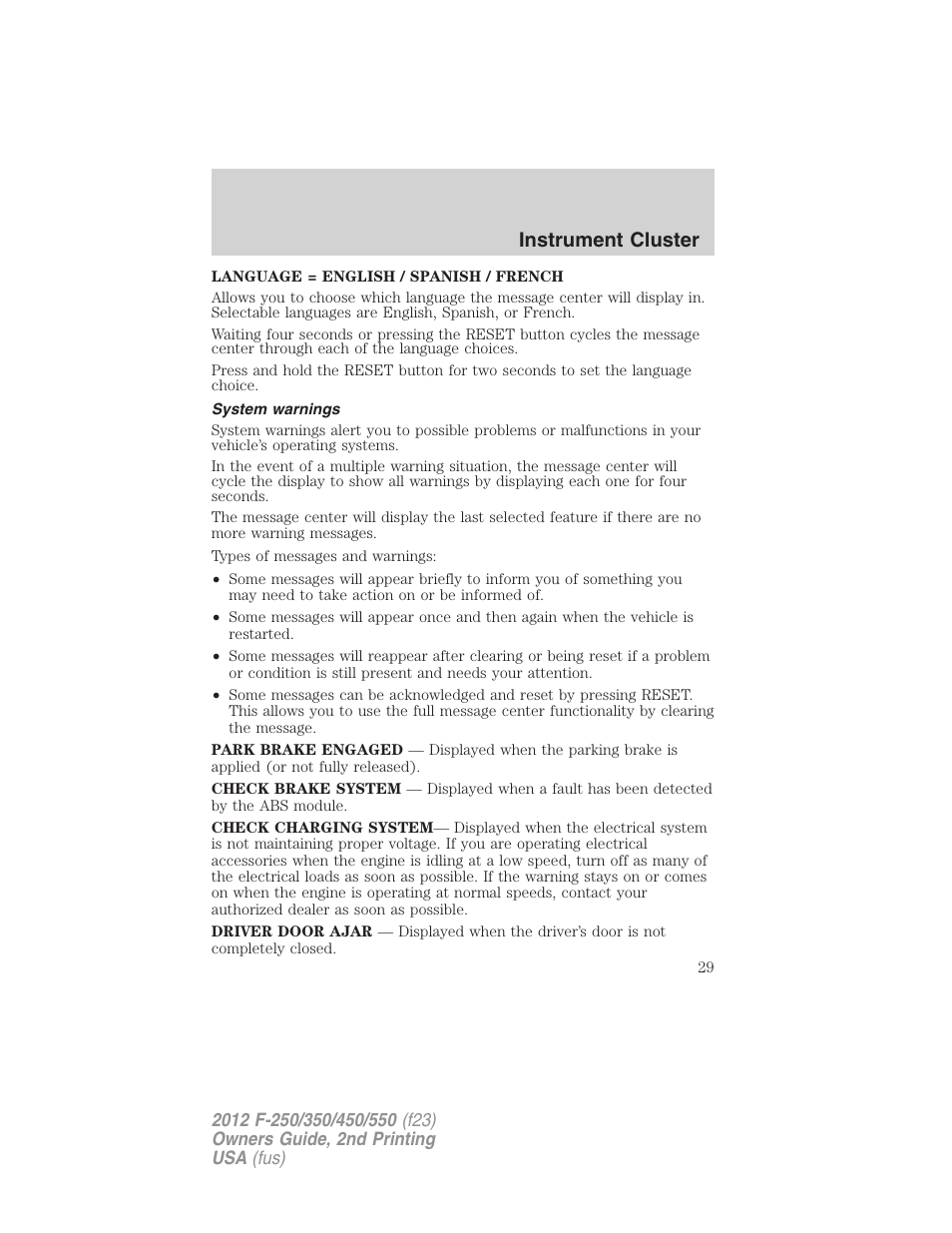 System warnings, Instrument cluster | FORD 2012 F-550 v.2 User Manual | Page 29 / 449