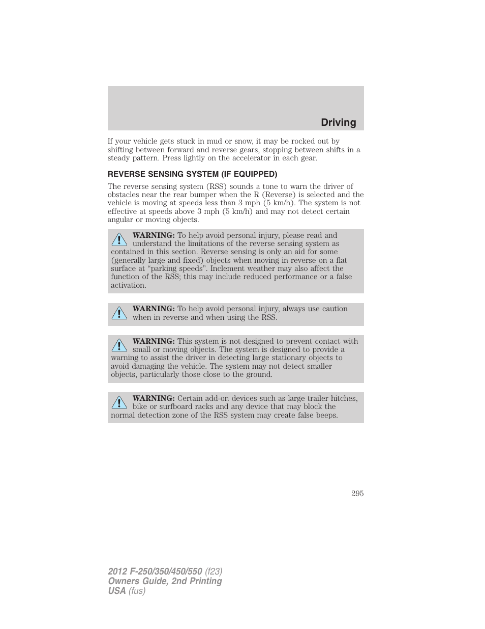 Reverse sensing system (if equipped), Reverse sensing system, Driving | FORD 2012 F-550 v.2 User Manual | Page 295 / 449