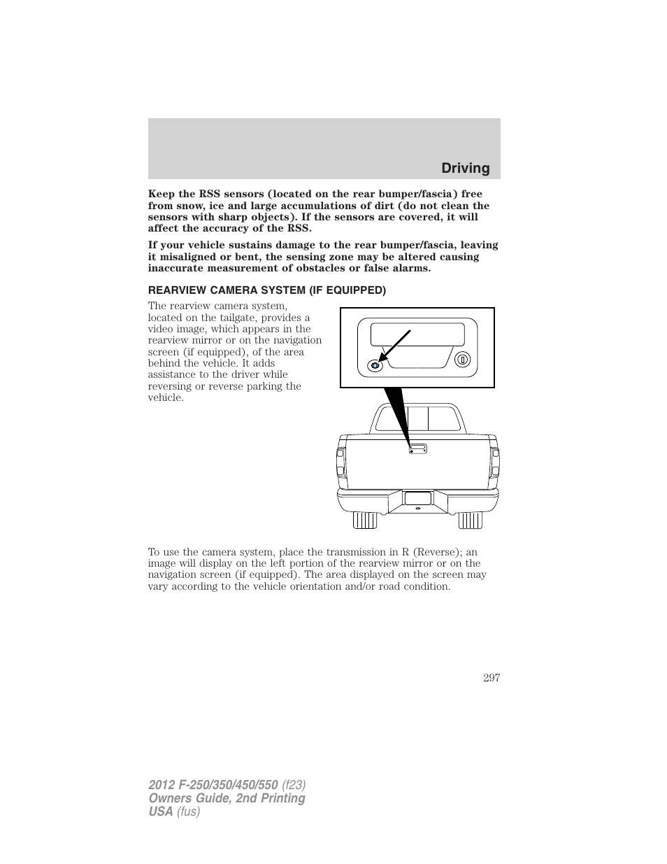 Rearview camera system (if equipped), Rear-view camera system, Driving | FORD 2012 F-550 v.2 User Manual | Page 297 / 449