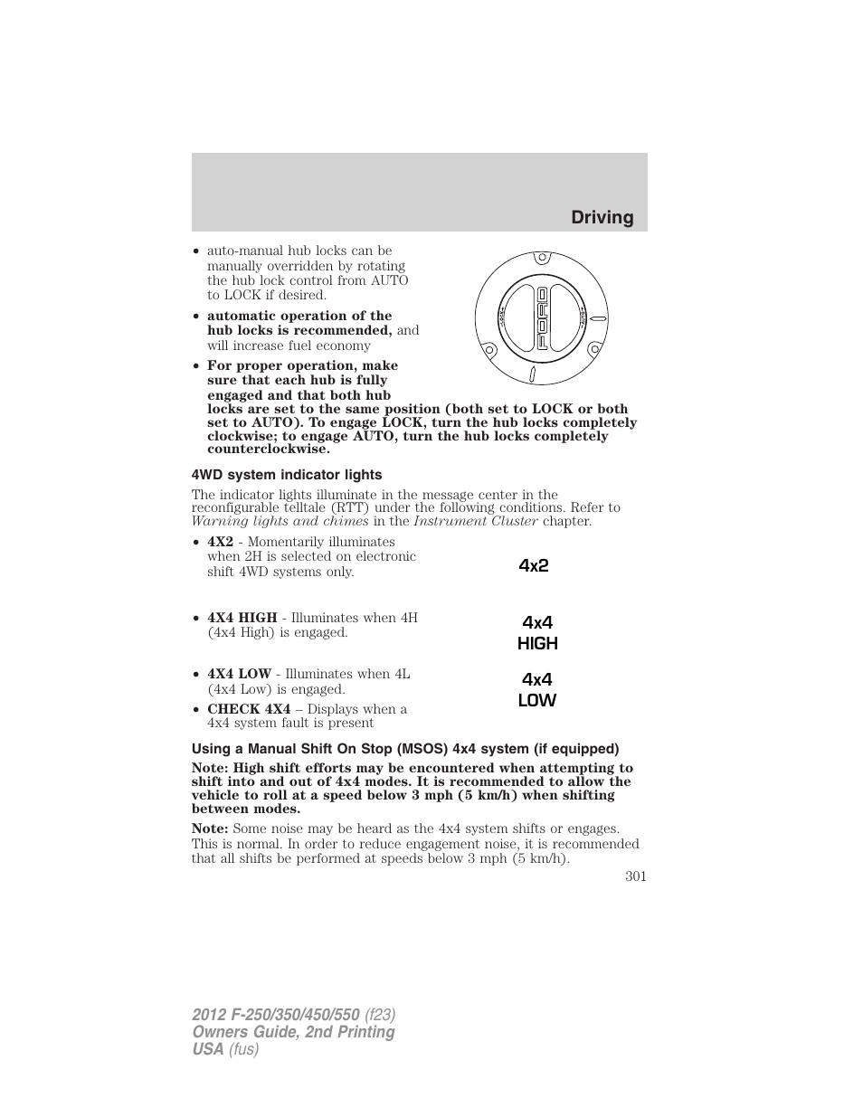 4wd system indicator lights, Driving | FORD 2012 F-550 v.2 User Manual | Page 301 / 449