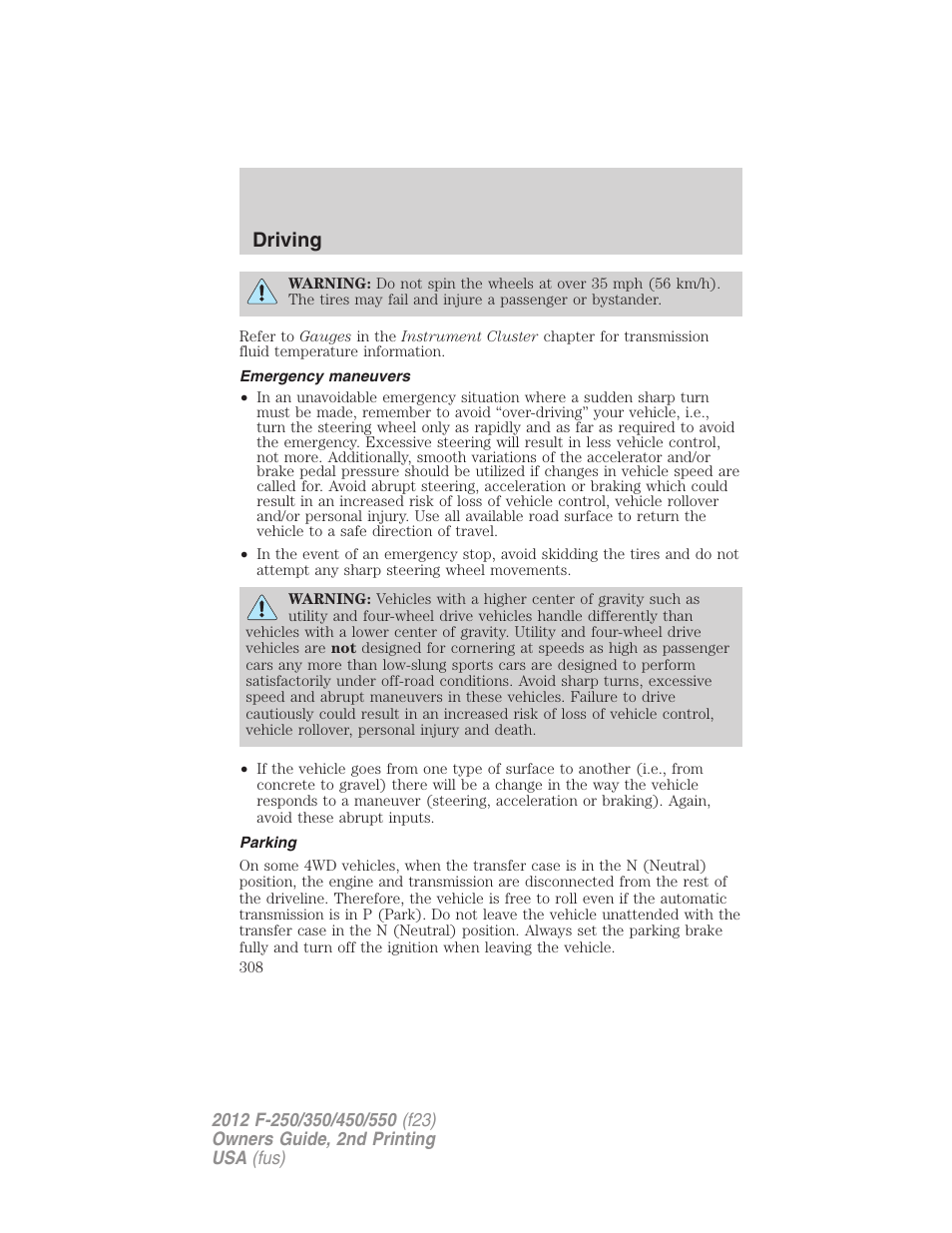 Emergency maneuvers, Parking, Driving | FORD 2012 F-550 v.2 User Manual | Page 308 / 449