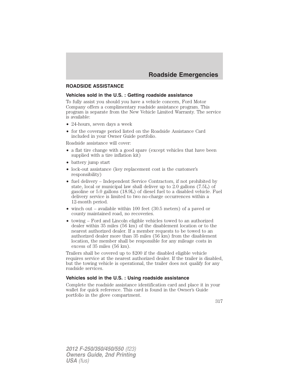 Roadside emergencies, Roadside assistance, Getting roadside assistance | FORD 2012 F-550 v.2 User Manual | Page 317 / 449