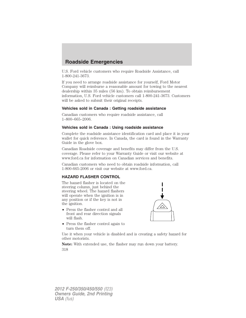 Hazard flasher control, Roadside emergencies | FORD 2012 F-550 v.2 User Manual | Page 318 / 449