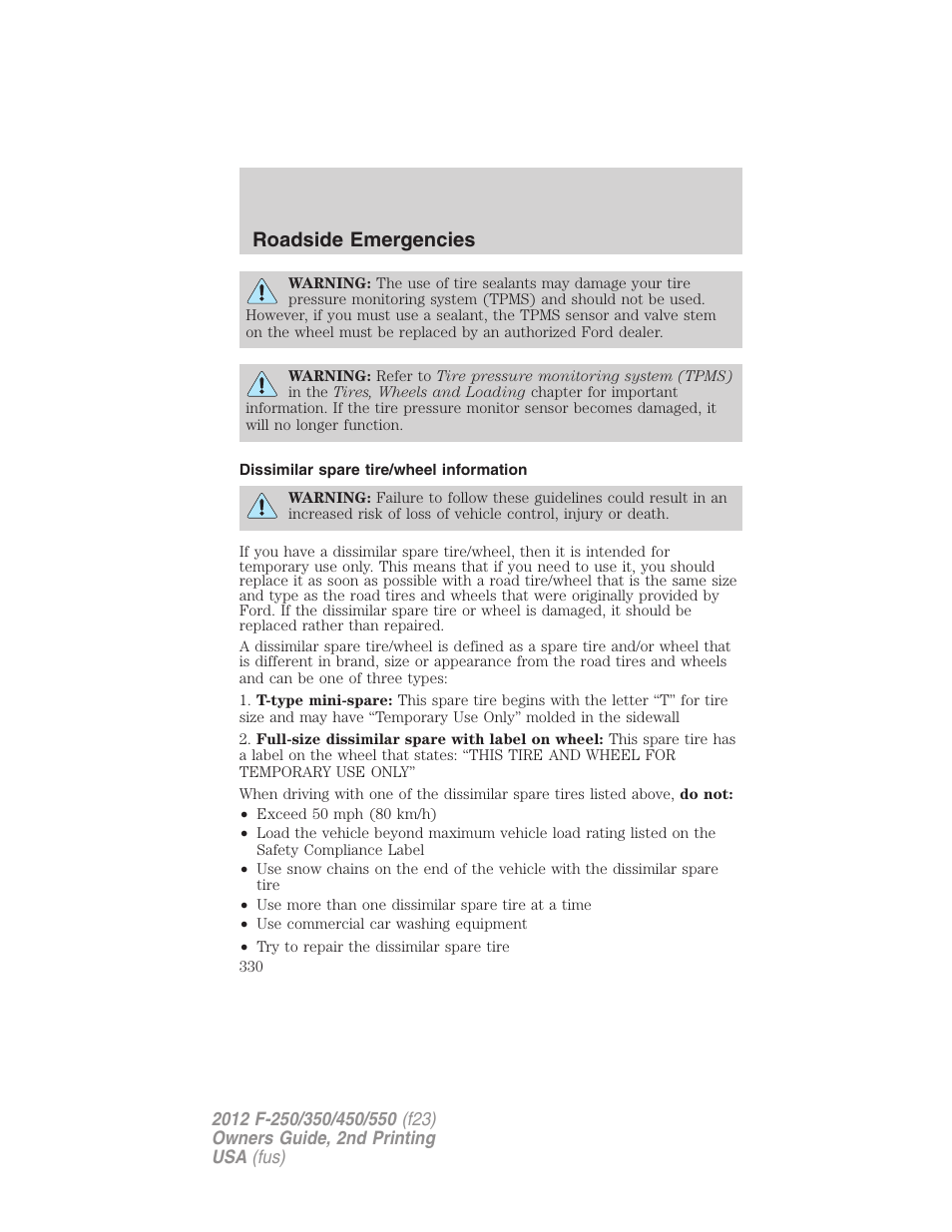 Dissimilar spare tire/wheel information, Roadside emergencies | FORD 2012 F-550 v.2 User Manual | Page 330 / 449