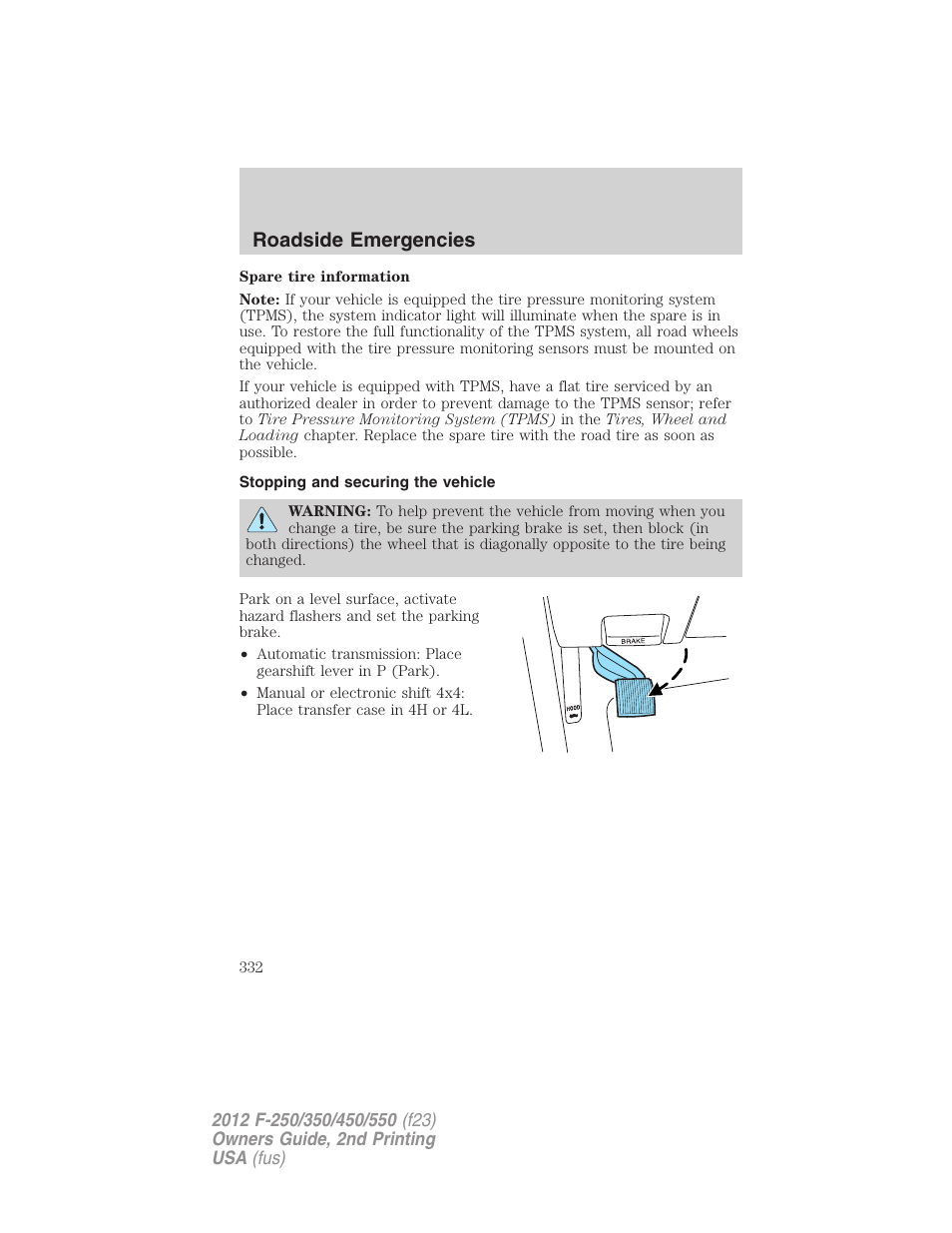 Stopping and securing the vehicle, Roadside emergencies | FORD 2012 F-550 v.2 User Manual | Page 332 / 449