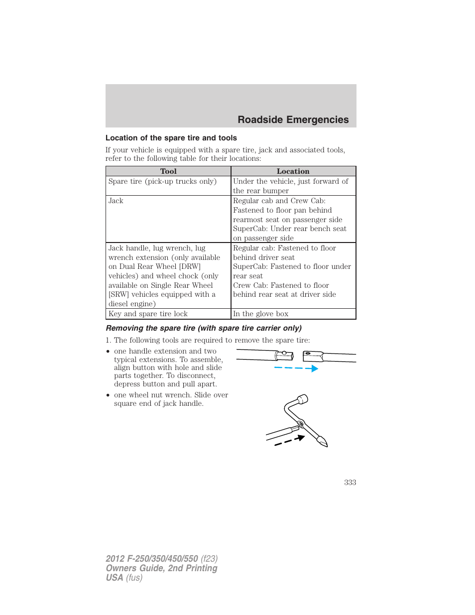 Location of the spare tire and tools, Roadside emergencies | FORD 2012 F-550 v.2 User Manual | Page 333 / 449