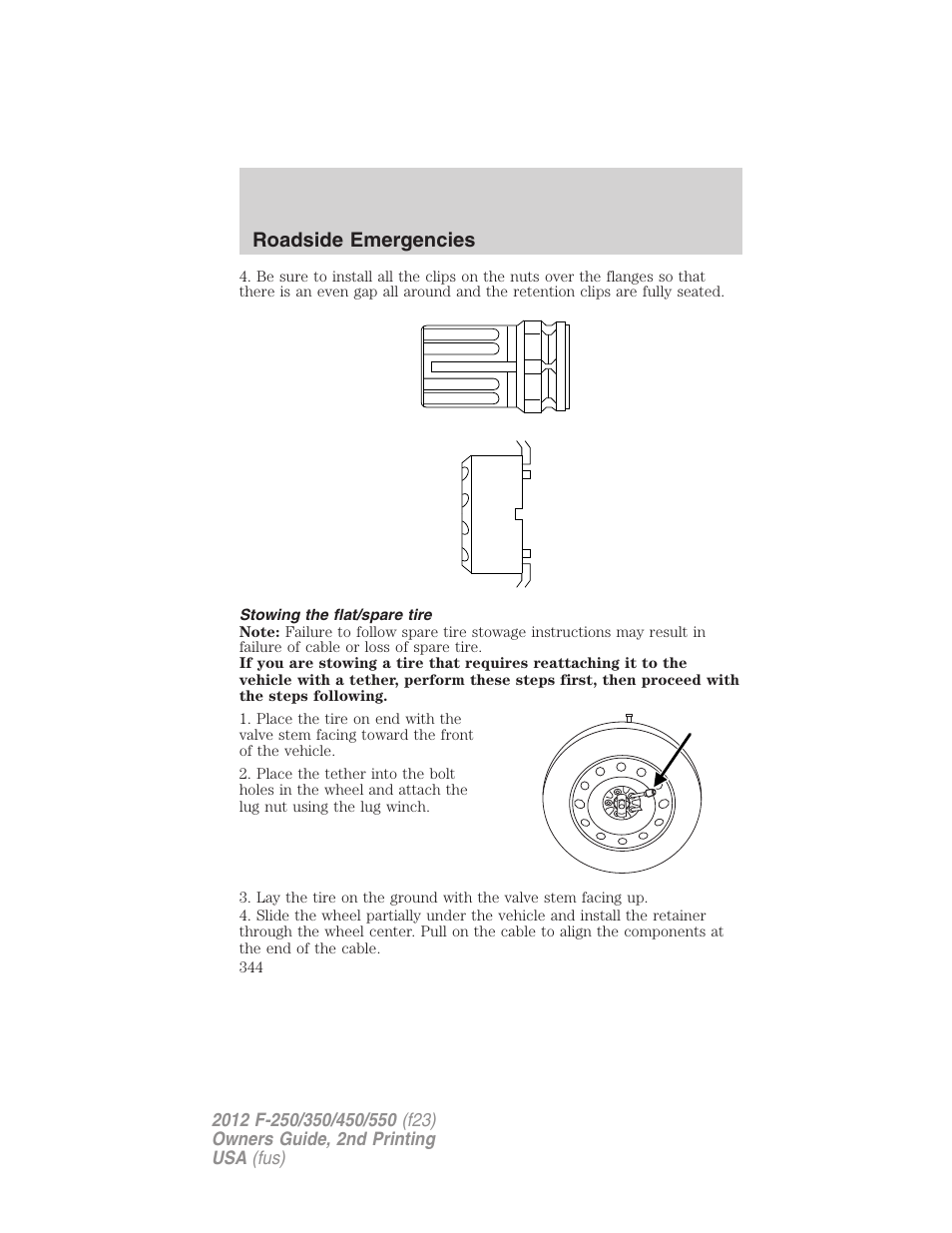 Stowing the flat/spare tire, Roadside emergencies | FORD 2012 F-550 v.2 User Manual | Page 344 / 449