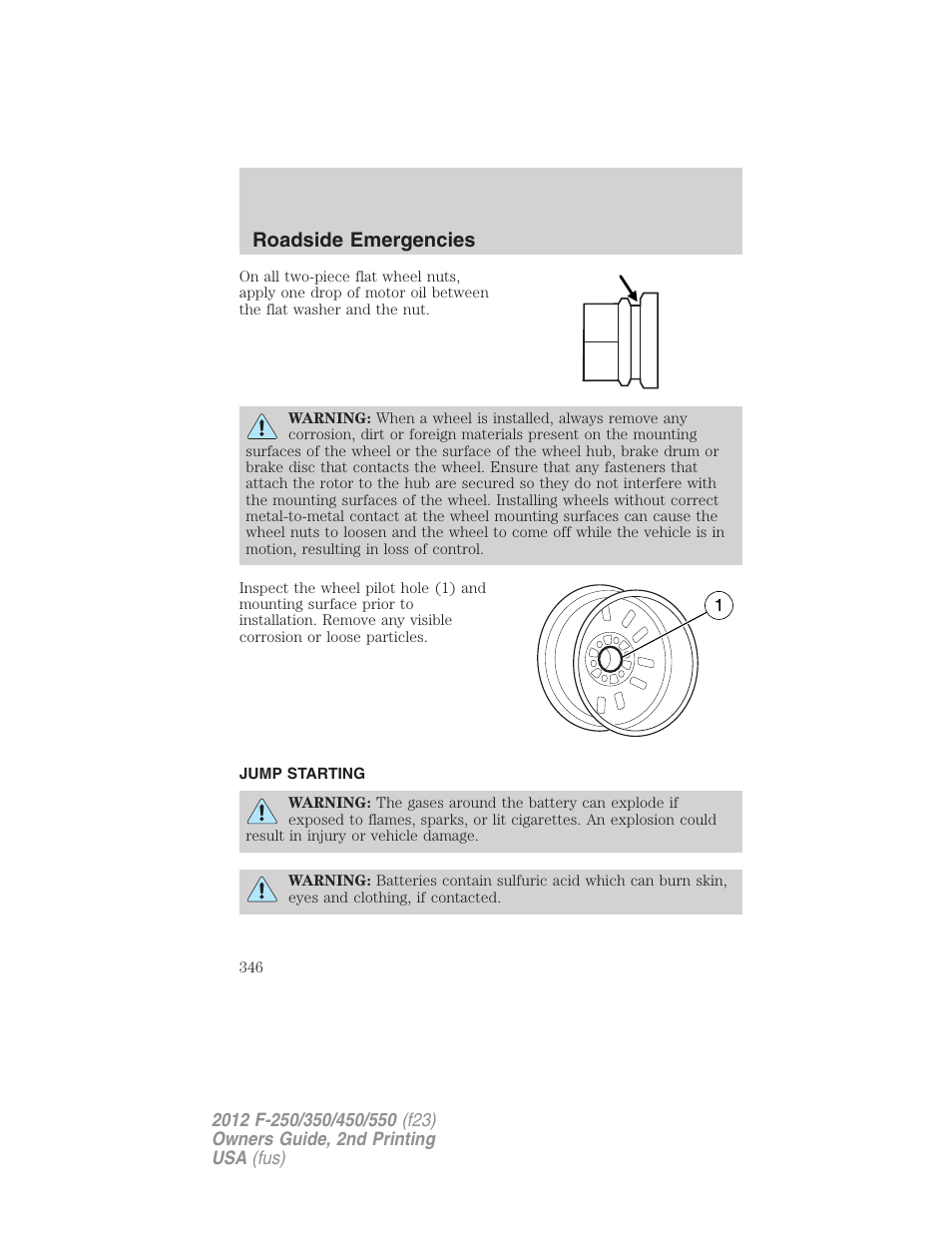 Jump starting, Roadside emergencies | FORD 2012 F-550 v.2 User Manual | Page 346 / 449