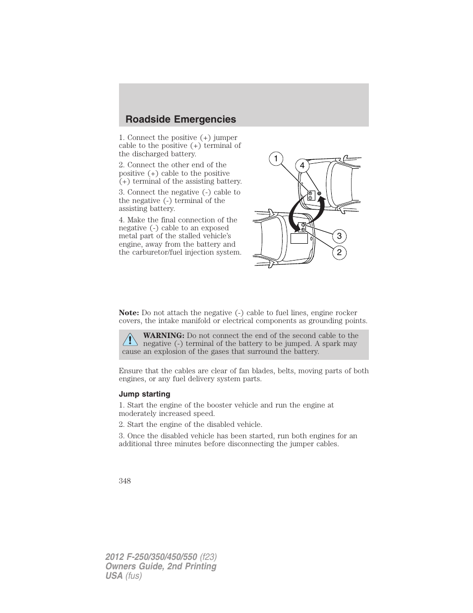 Jump starting, Roadside emergencies | FORD 2012 F-550 v.2 User Manual | Page 348 / 449