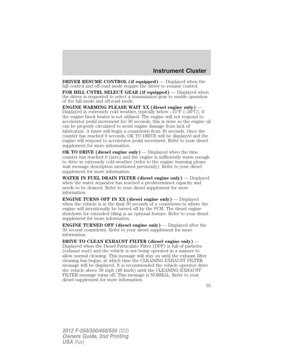 Instrument cluster | FORD 2012 F-550 v.2 User Manual | Page 35 / 449