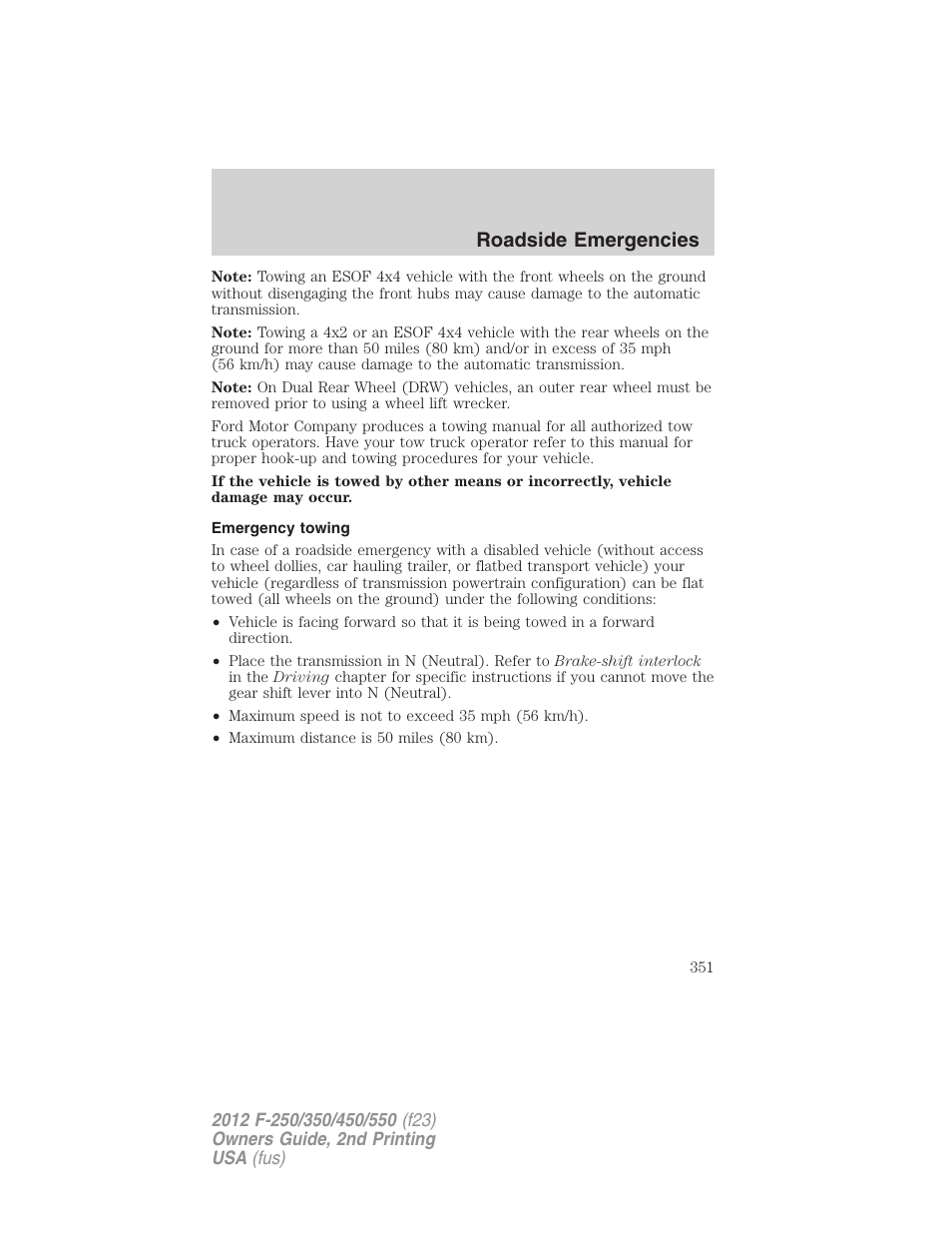 Emergency towing, Roadside emergencies | FORD 2012 F-550 v.2 User Manual | Page 351 / 449